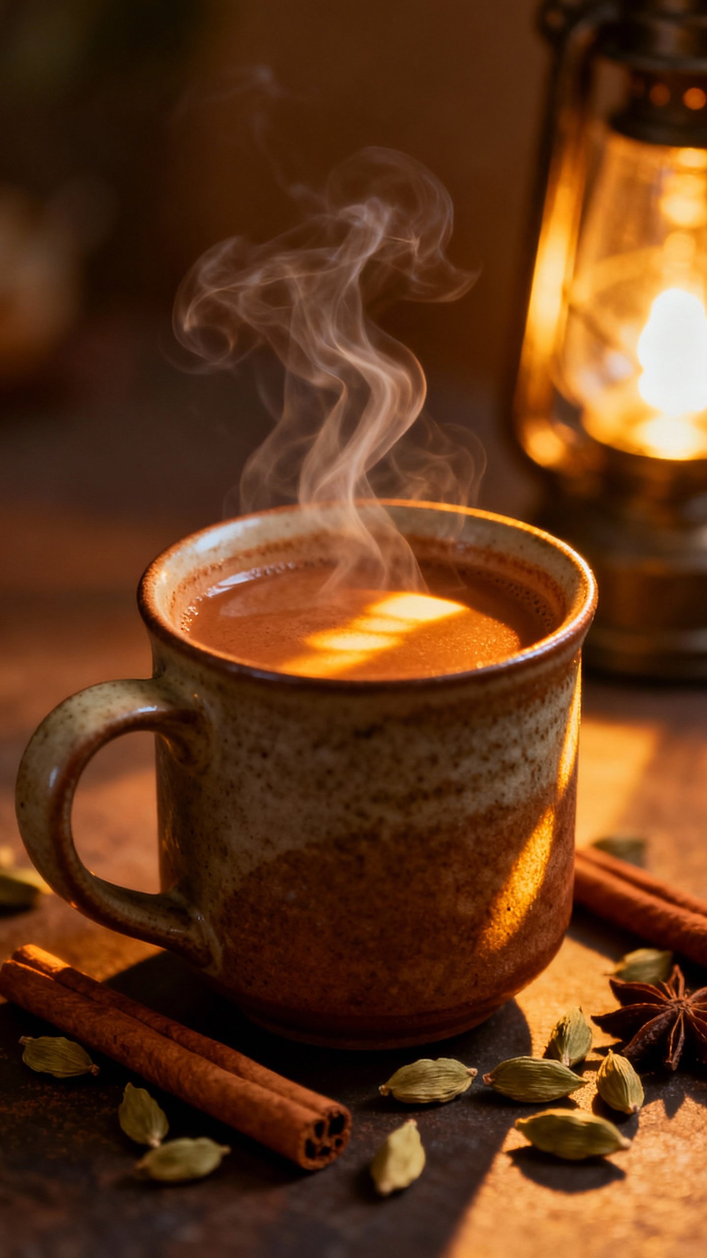 Closeup of steaming spiced chai in ceramic mug, cinnamon stick, cardamom pods, warm lamp glow