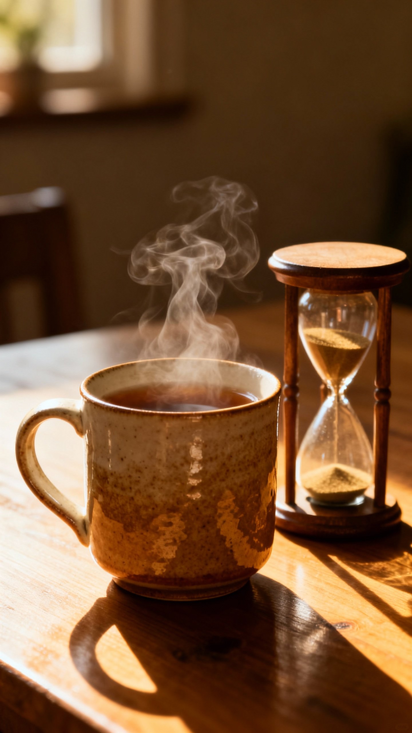Closeup of steaming tea mug beside hourglass, warm afternoon light, wooden table, ceramic texture, s