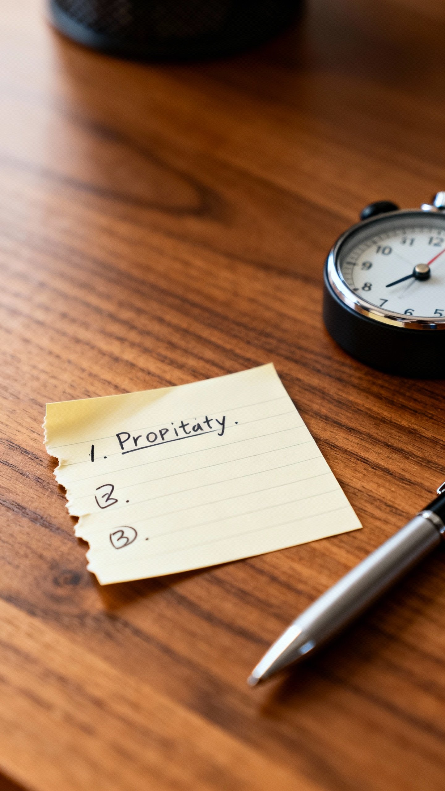 Closeup of sticky note with three priorities on wooden desk, timer, pen
