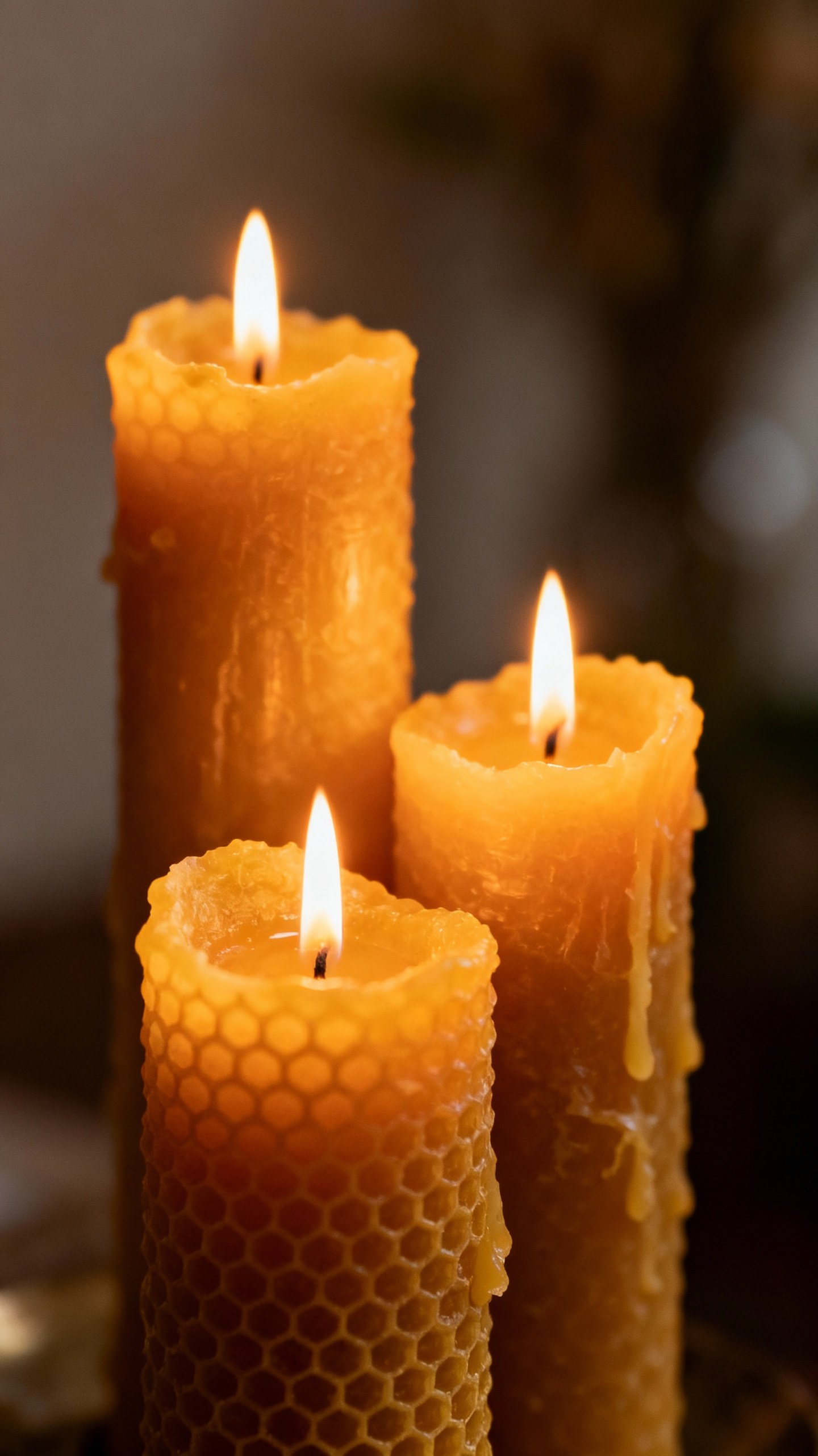 Closeup of three beeswax candles, mixed heights, warm glow
