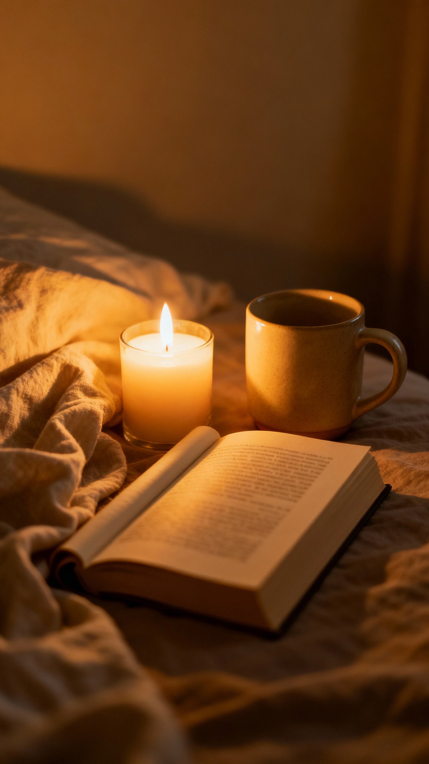 Closeup of warm-lit bedside nook, candle, open book, ceramic mug, soft linen