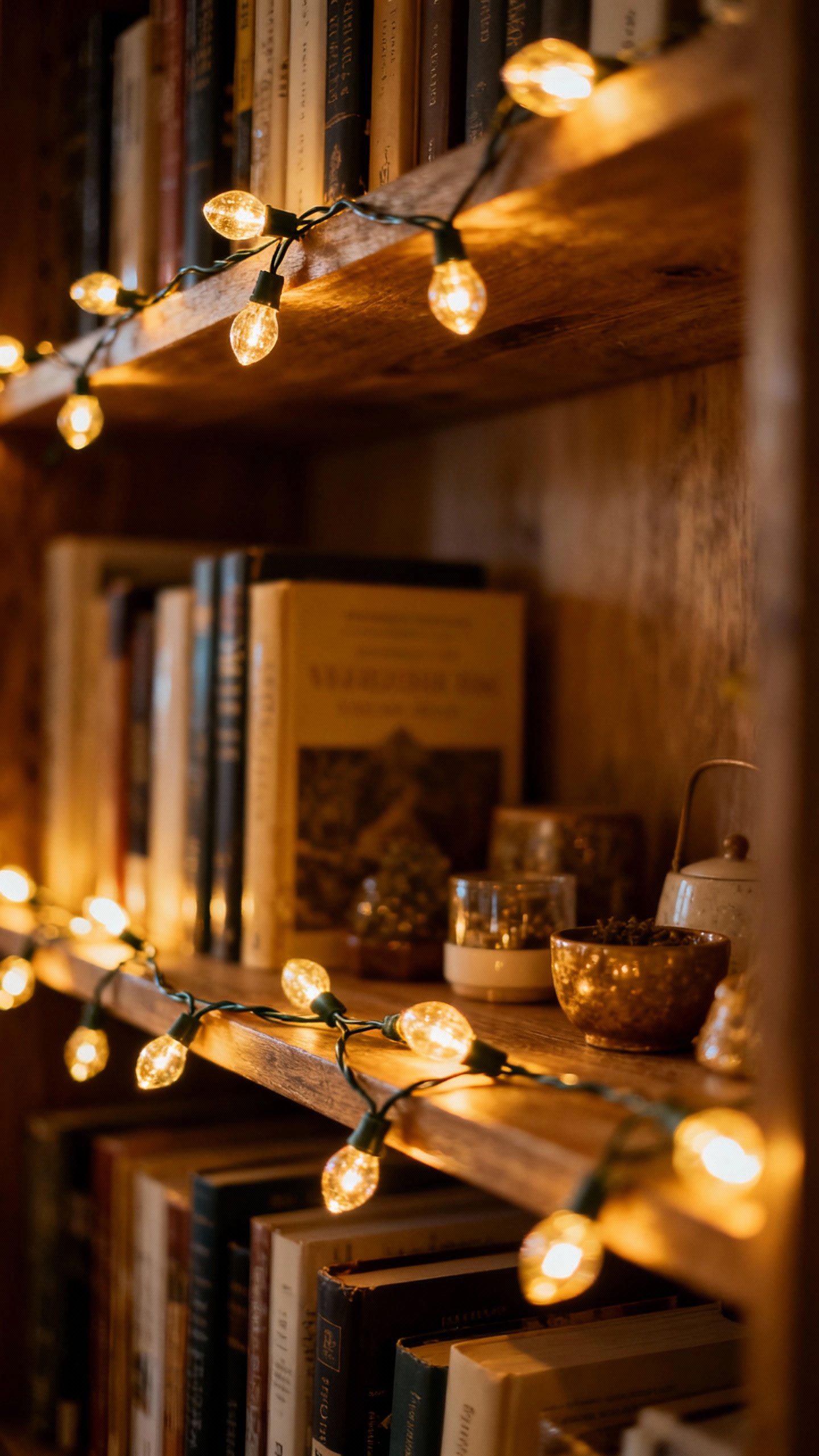 Closeup of warm string lights on bookshelf, golden glow