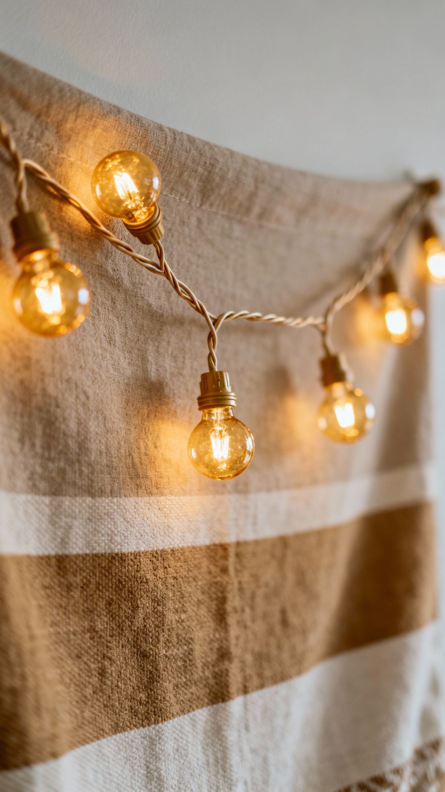 Closeup of warm-toned string lights over neutral tapestry backdrop
