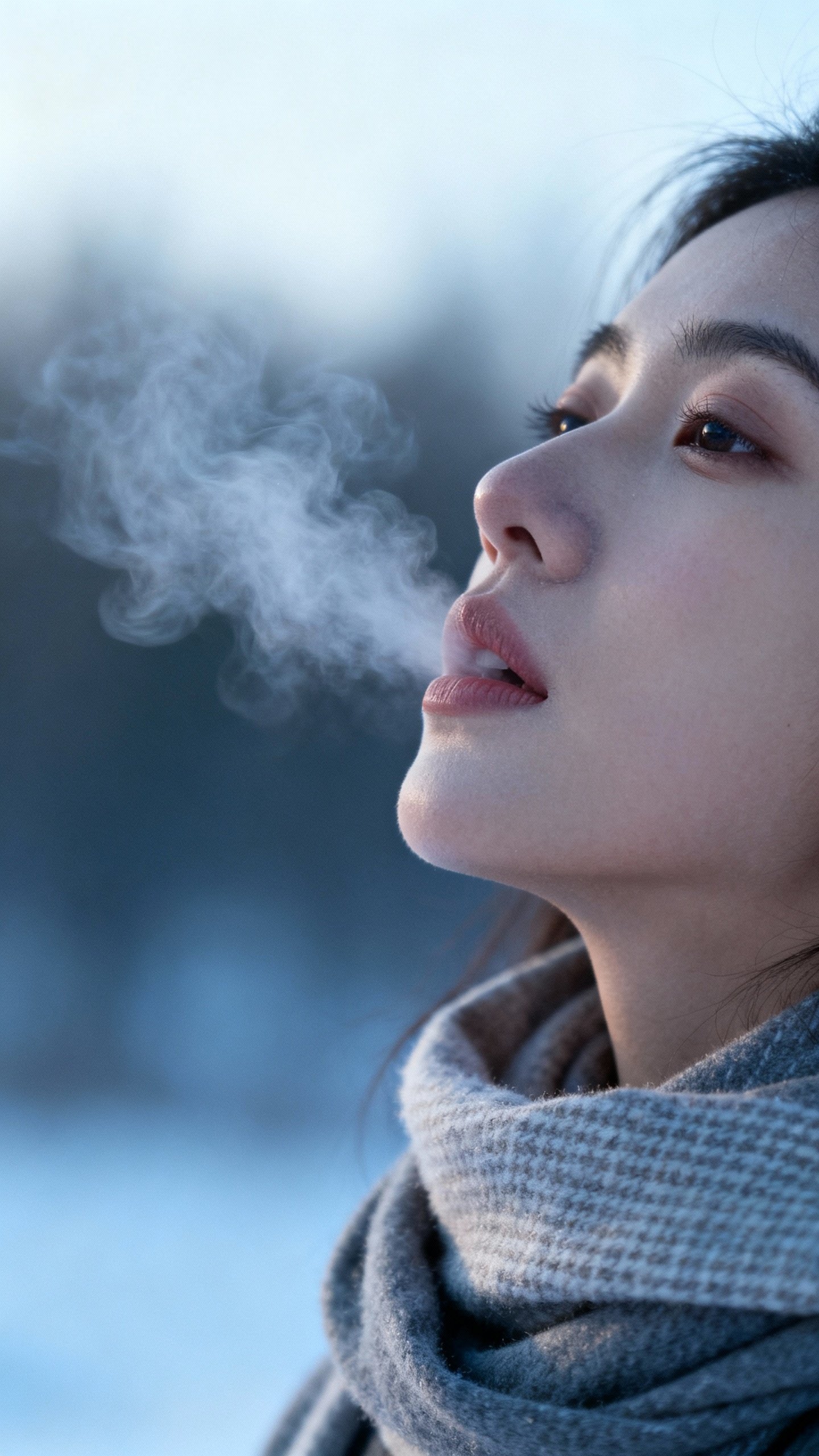 Closeup of woman’s chest and mouth exhaling warm breath in cool morning air, soft scarf texture