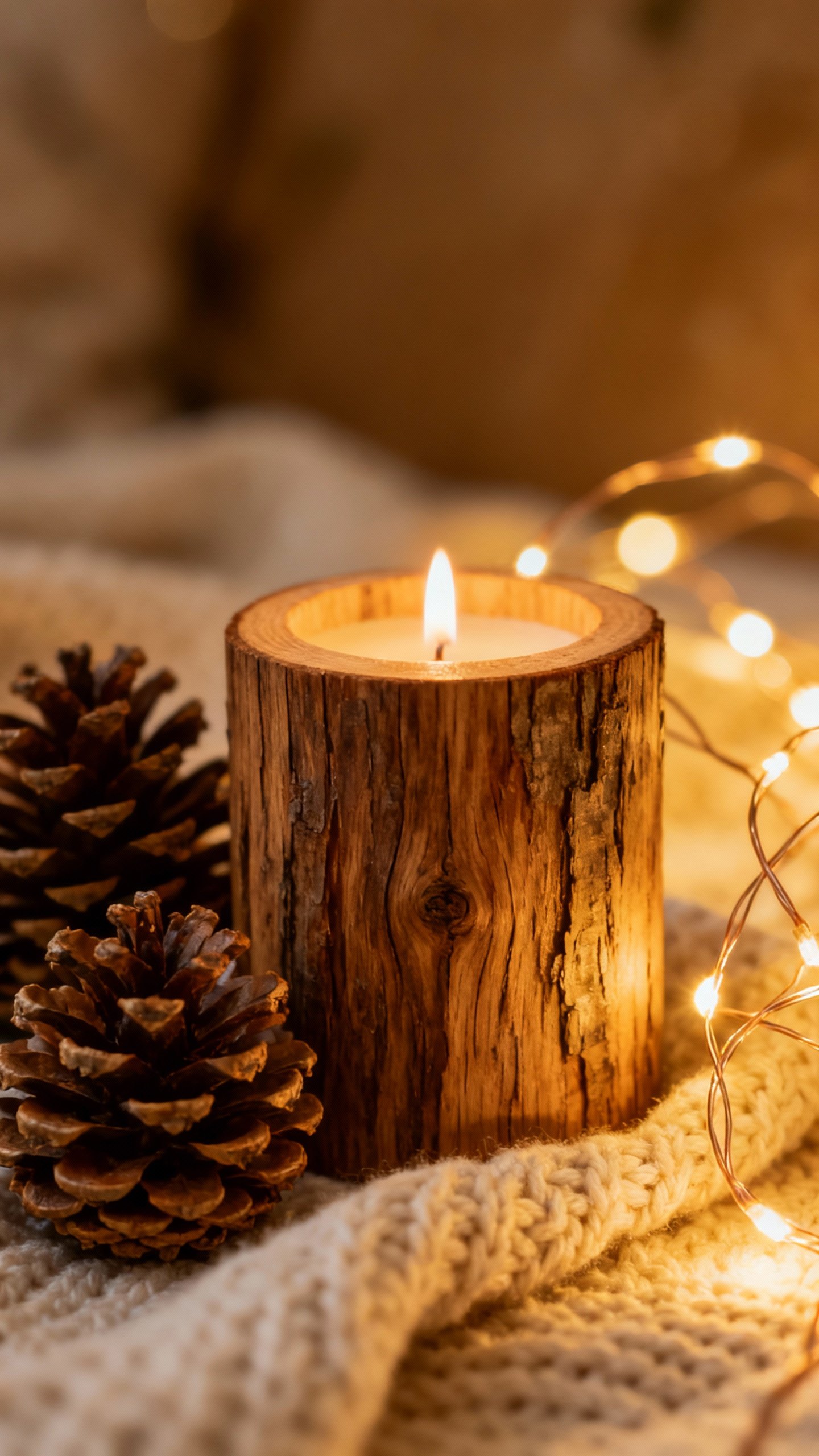 Closeup of woodsy candle beside pinecones, warm string lights, soft knit blanket