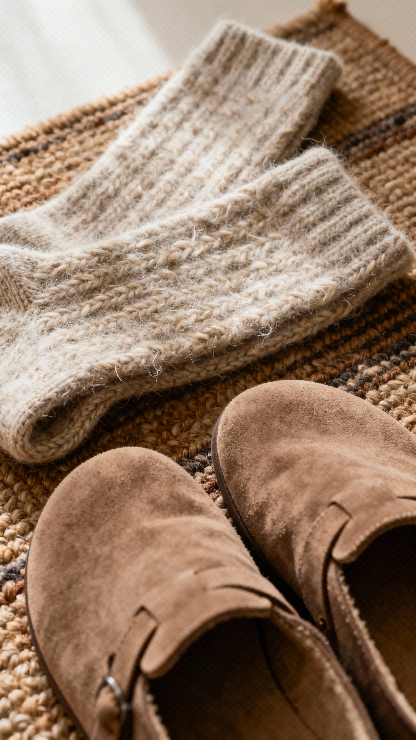 Closeup of wool socks and suede slippers on rug