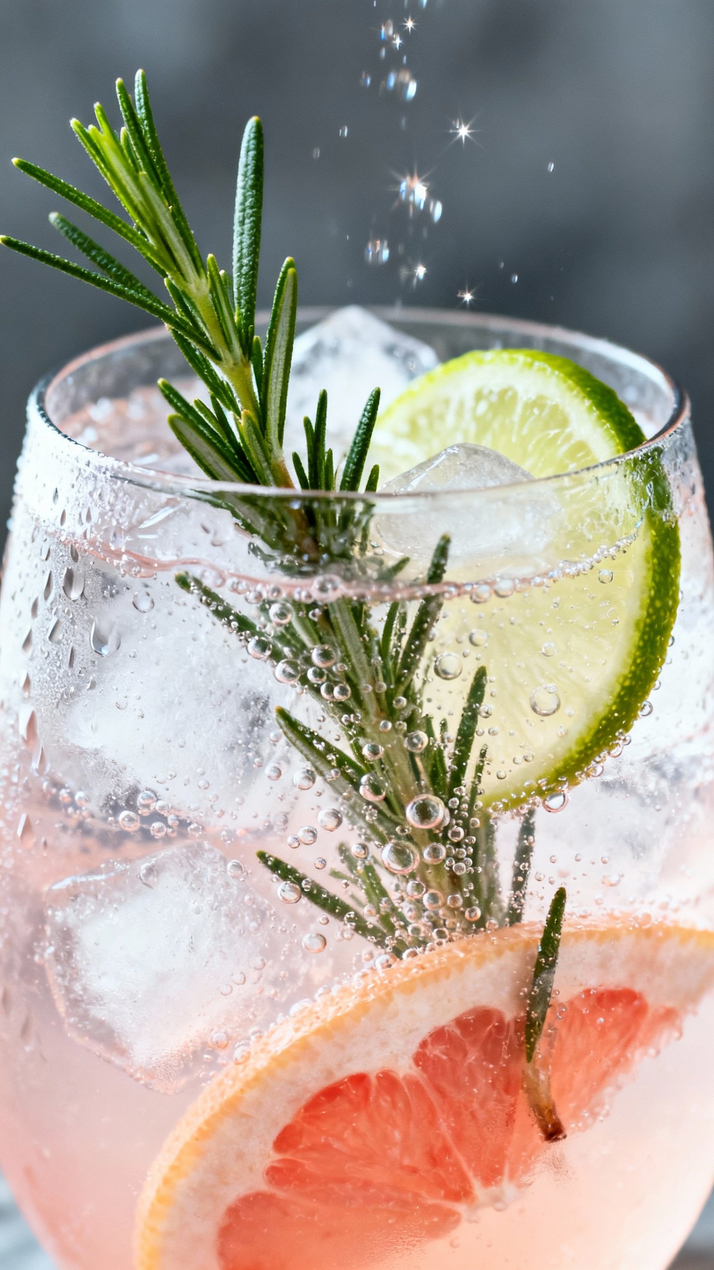 Closeup rosemary grapefruit mocktail with ice, lime, sparkling bubbles
