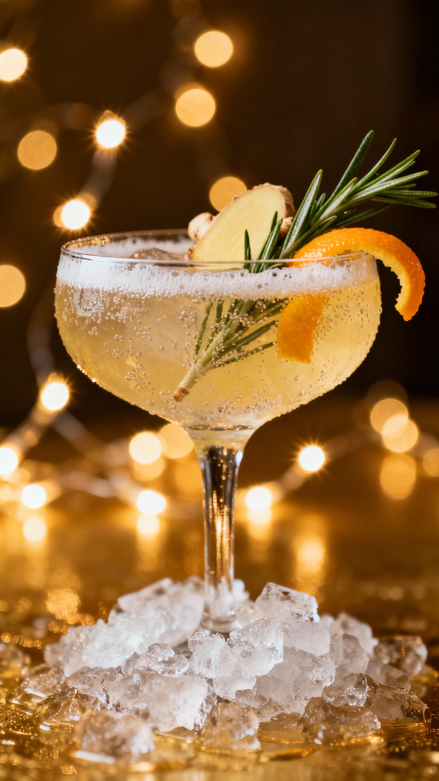Closeup rosemary-sprig ginger citrus fizz in coupe, crushed ice, sparkly fairy lights bokeh