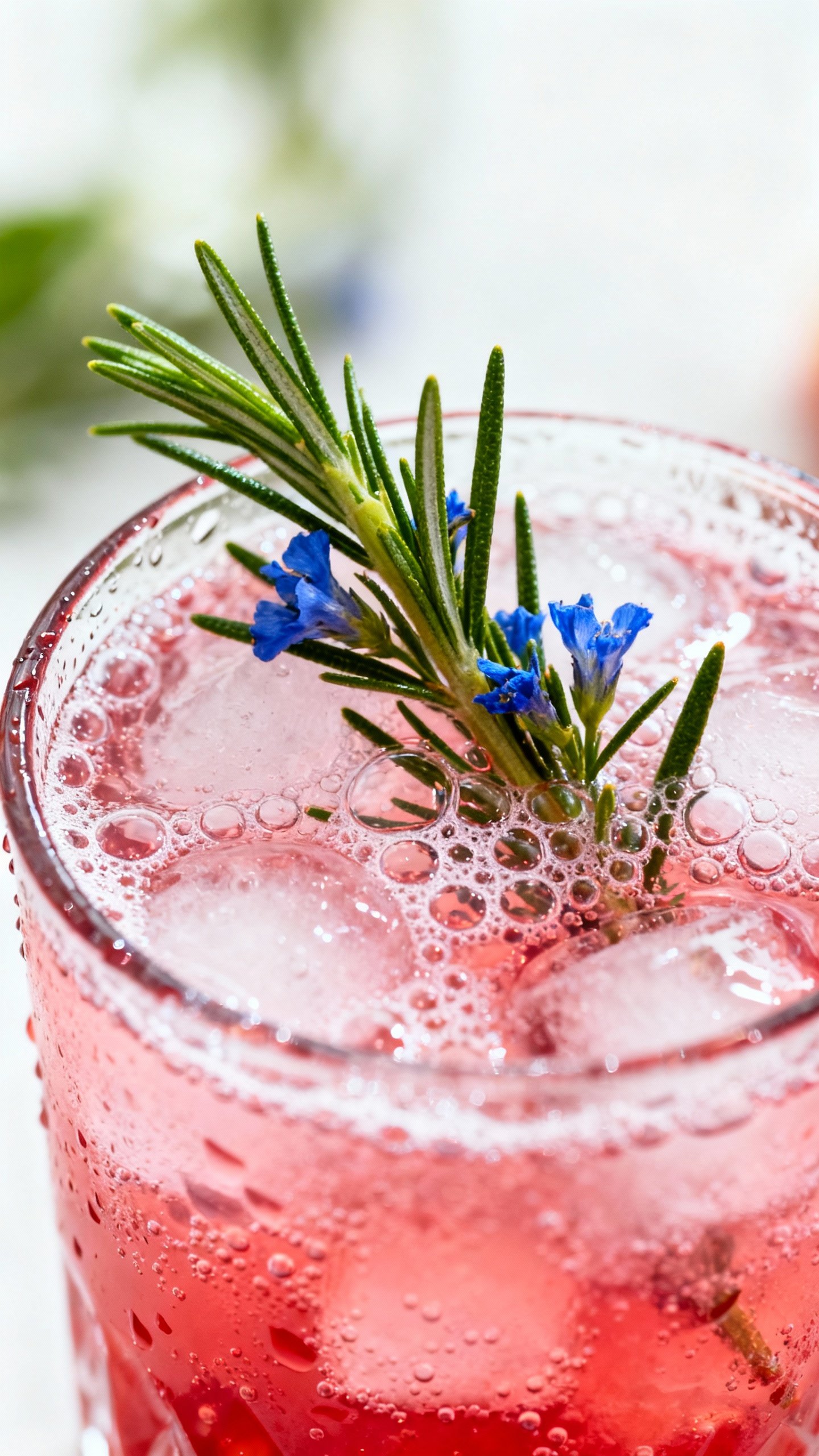 Closeup rosemary sprig in pomegranate spritz, soda bubbles, glass rim