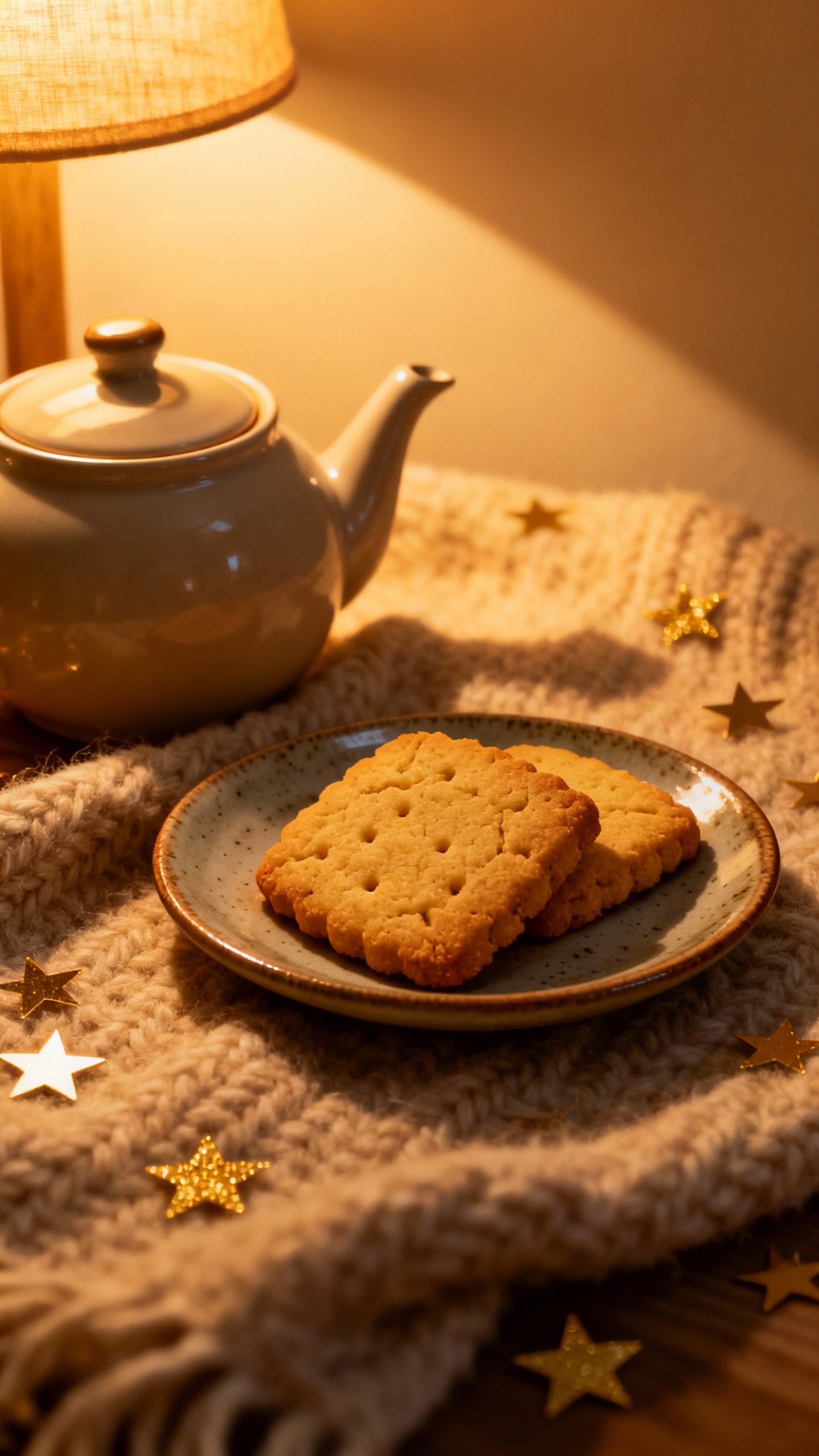 Closeup shortbread cookies on ceramic plate beside Darjeeling teapot, soft wool blanket texture, sta