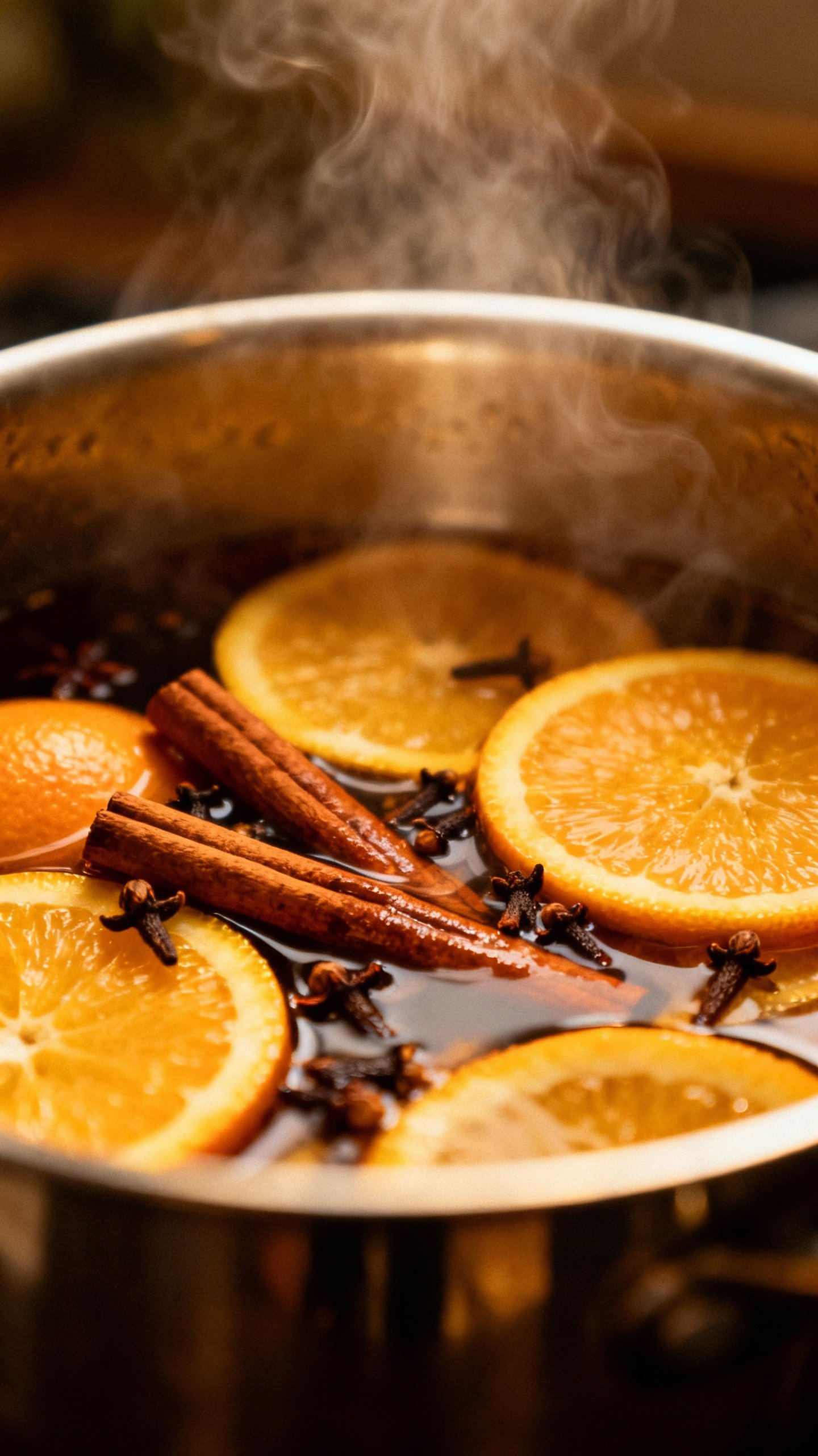 Closeup simmer pot with orange slices, cinnamon sticks, cloves, steam