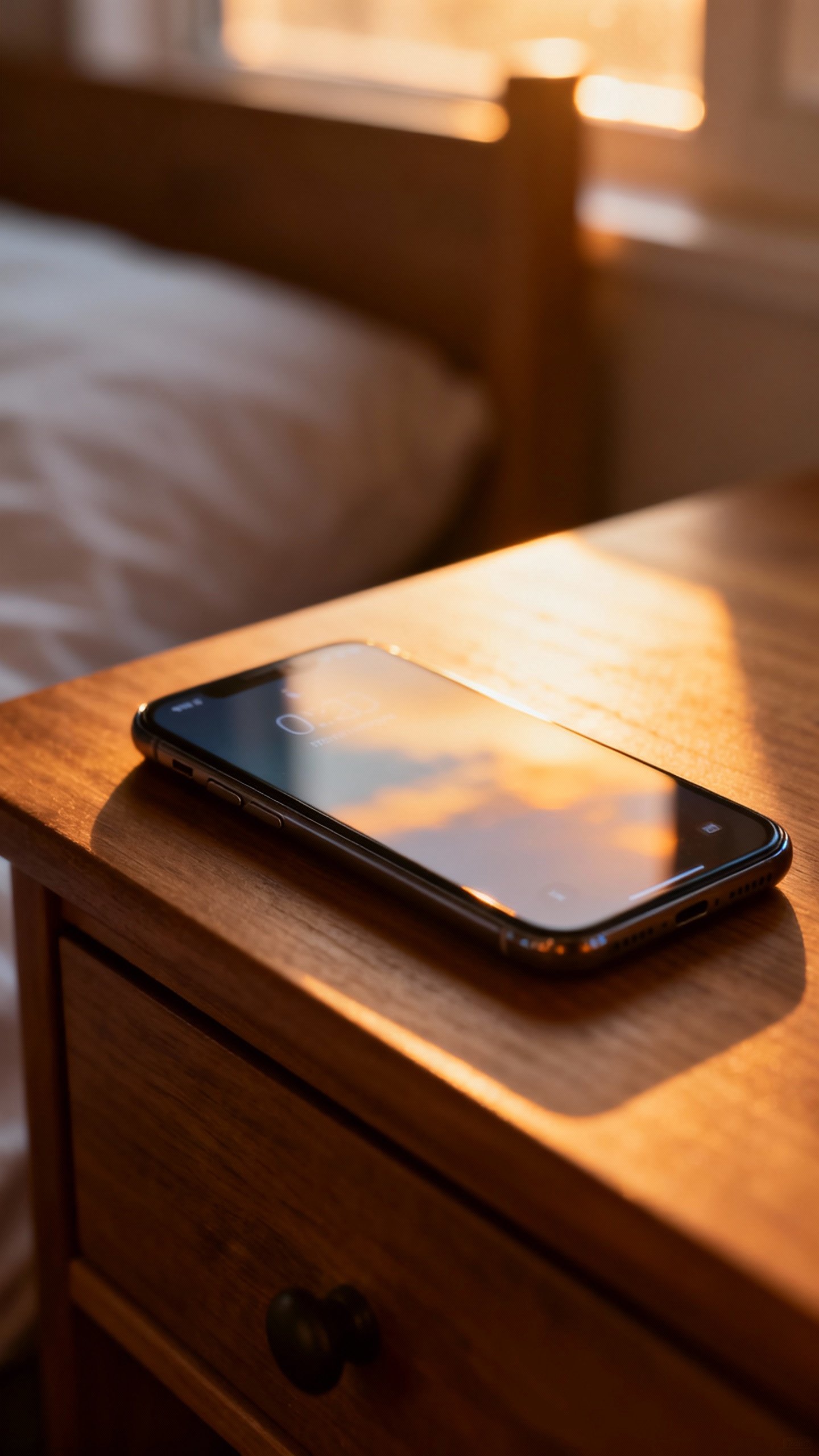 Closeup smartphone lock screen on nightstand, sunrise light, no text