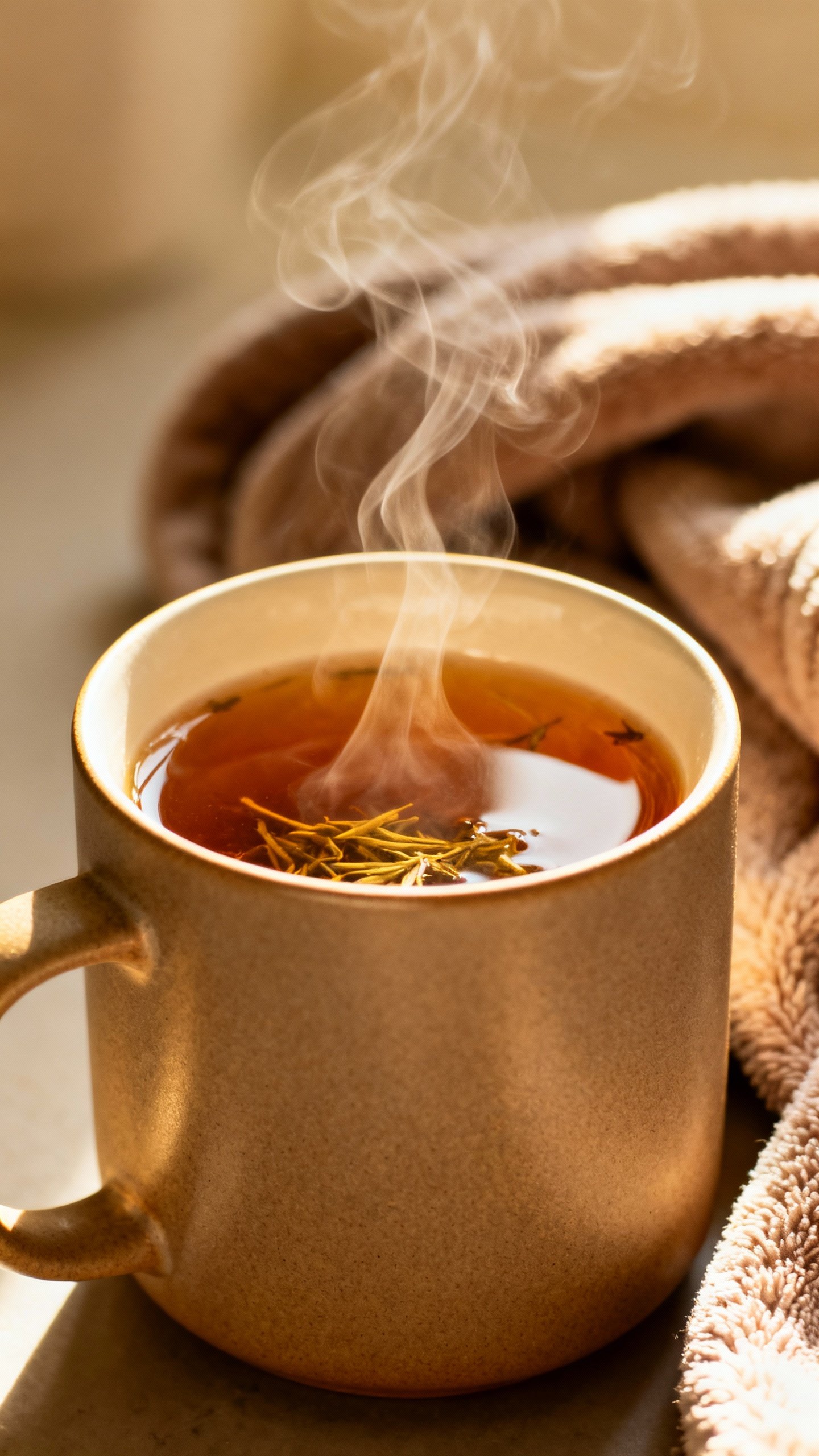 Closeup steaming herbal tea in matte ceramic mug, soft robe texture