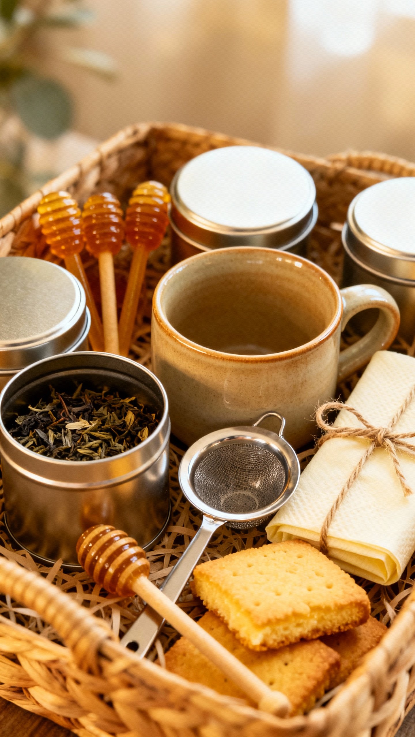 Closeup tea lover basket: loose-leaf tins, honey sticks, ceramic mug, infuser, shortbread, twine-wra