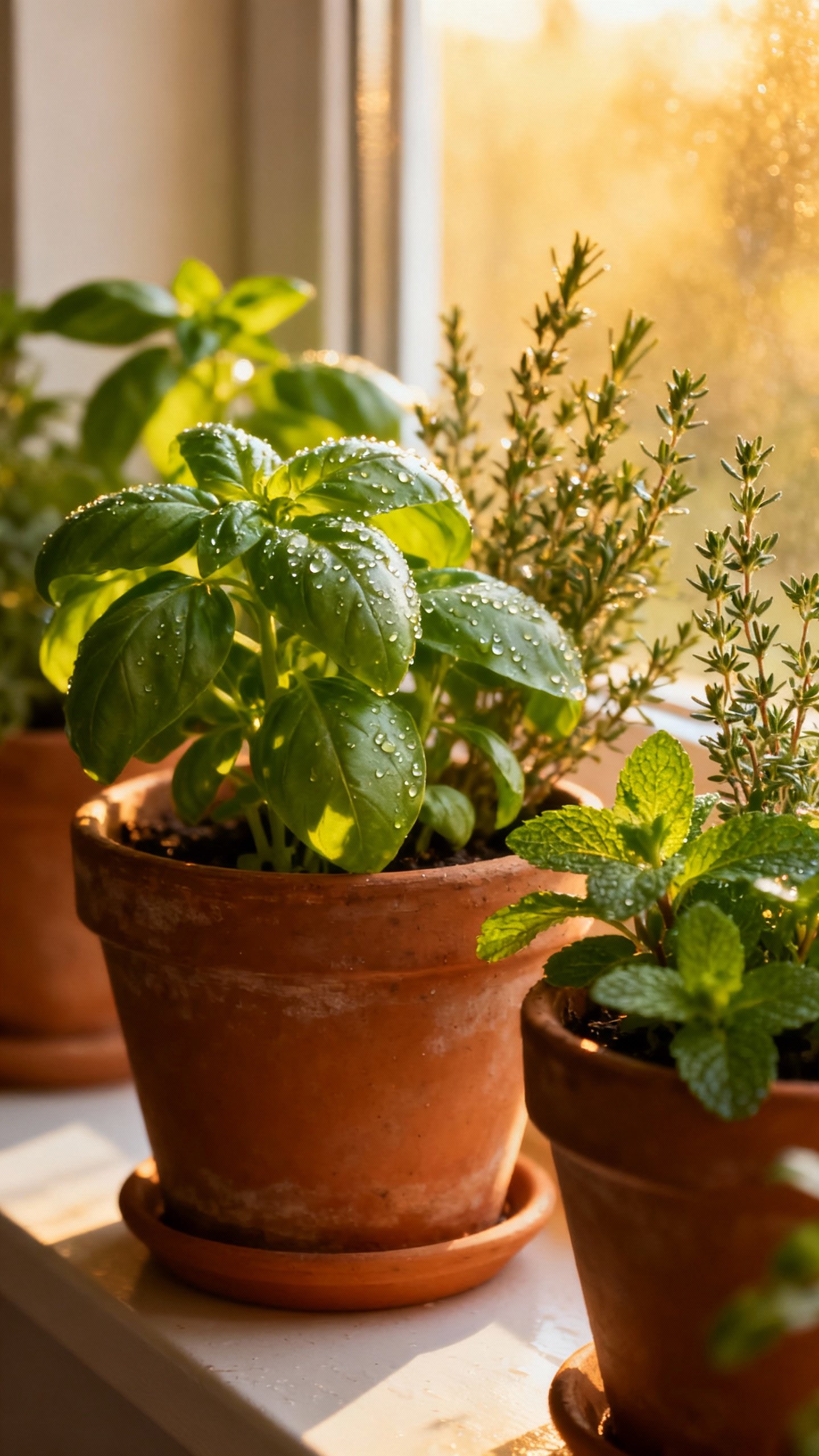 Closeup terracotta pots on sunny windowsill, basil, thyme, mint, dewy leaves