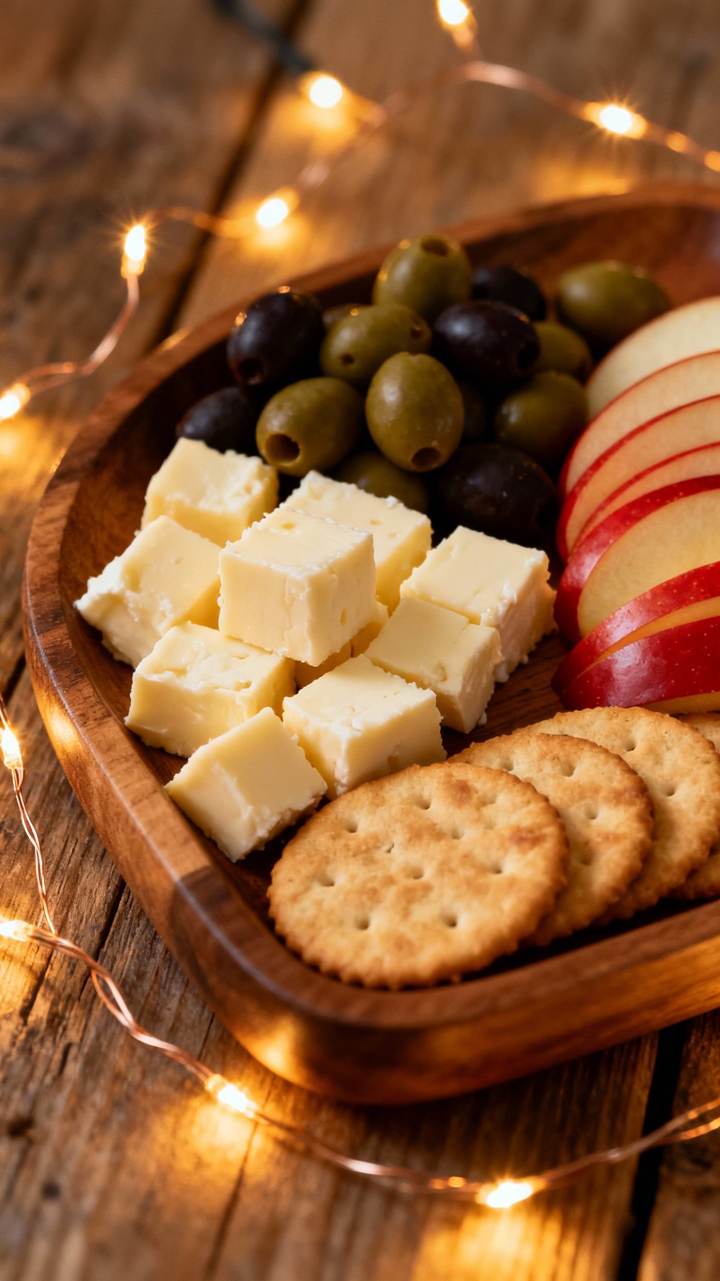 Closeup tray with lazy charcuterie—cheese, olives, sliced apple, crackers, warm fairy lights