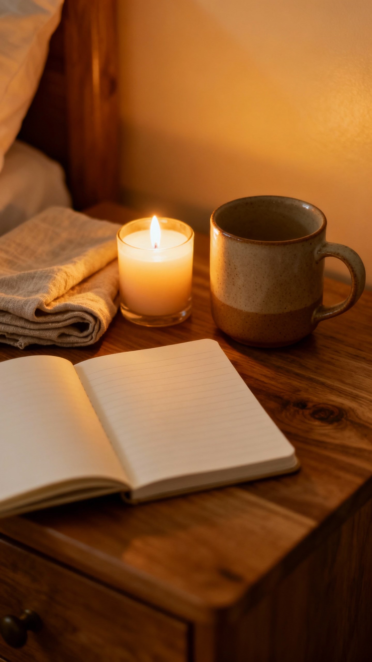 Closeup warm-lit nightstand: candle, ceramic mug, notepad, linen