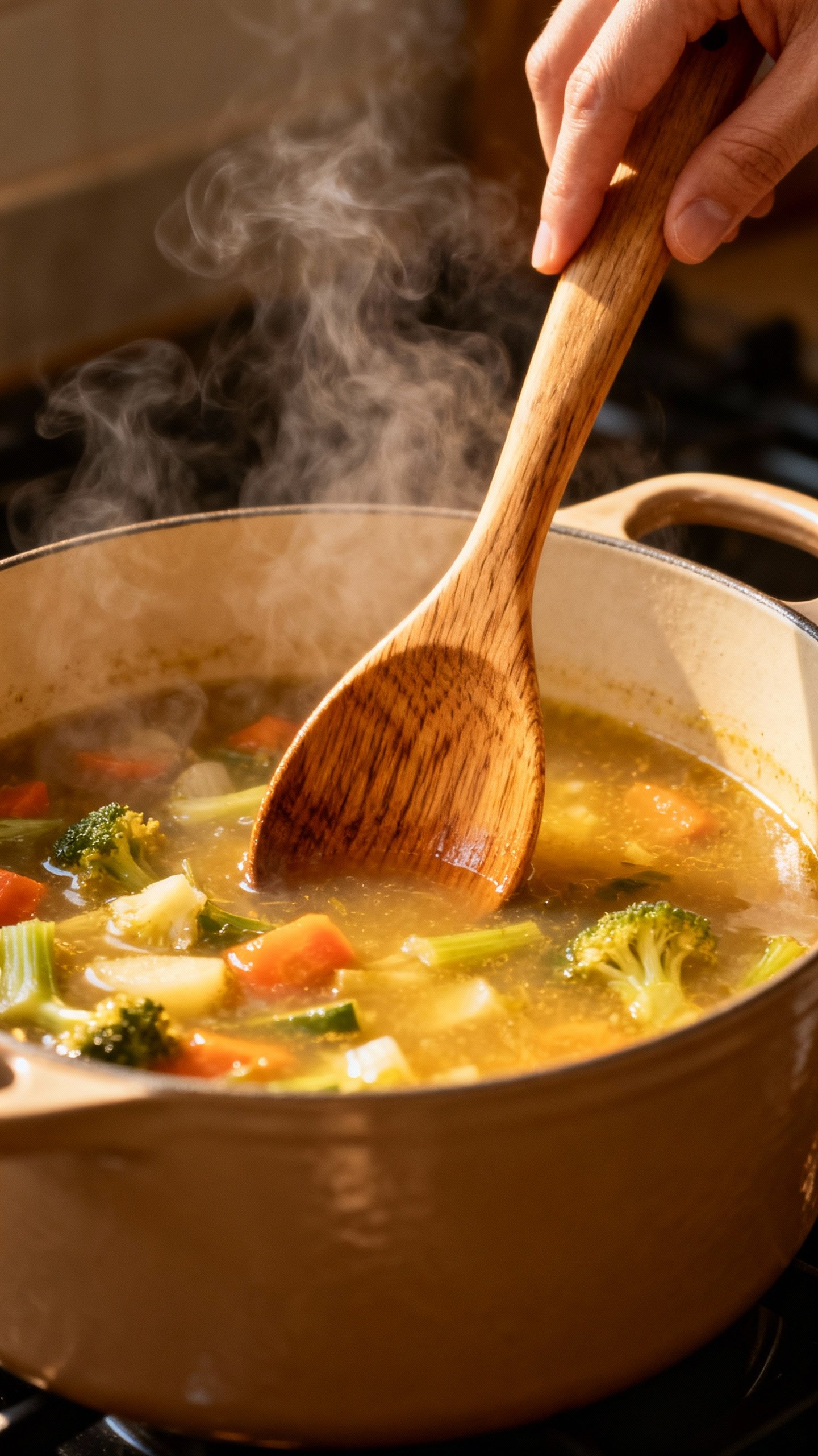 Closeup wooden spoon stirring vegetable soup, steam, Dutch oven