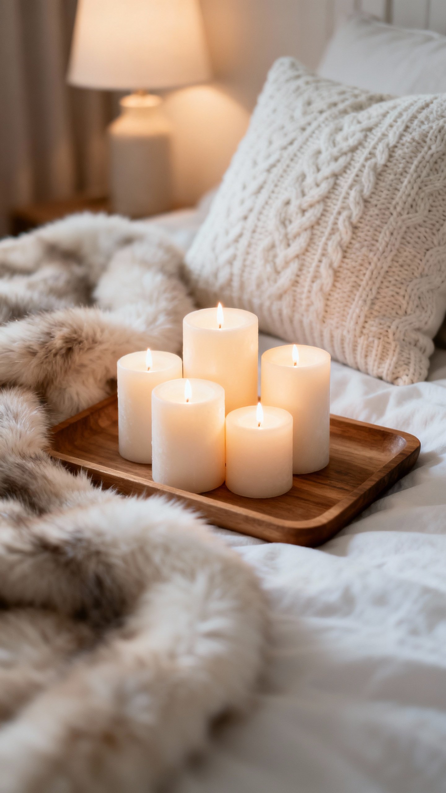 Cluster of warm-white candles on wooden tray, faux fur throw and knit pillow texture, dim lamp backg