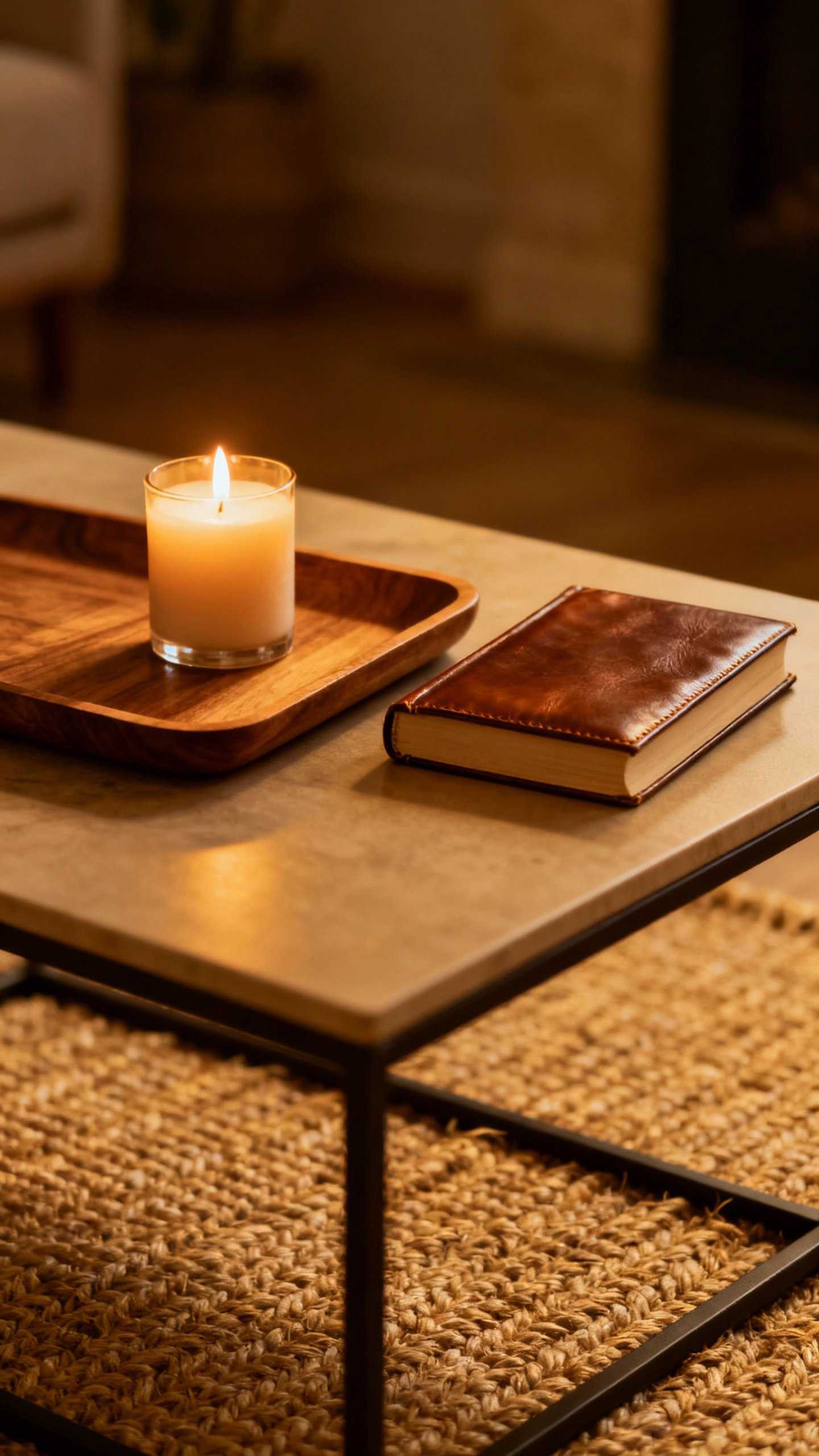Coffee table vignette: tray, lit candle, single book, jute rug texture