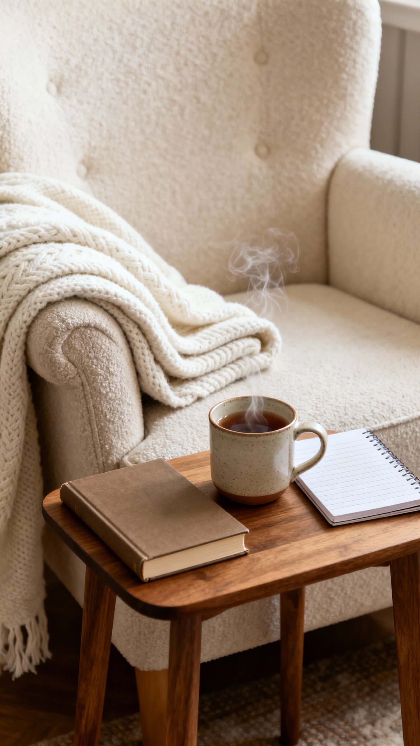 Cozy calm corner: soft-lit armchair with blanket, steaming tea on small table, book and notebook nea
