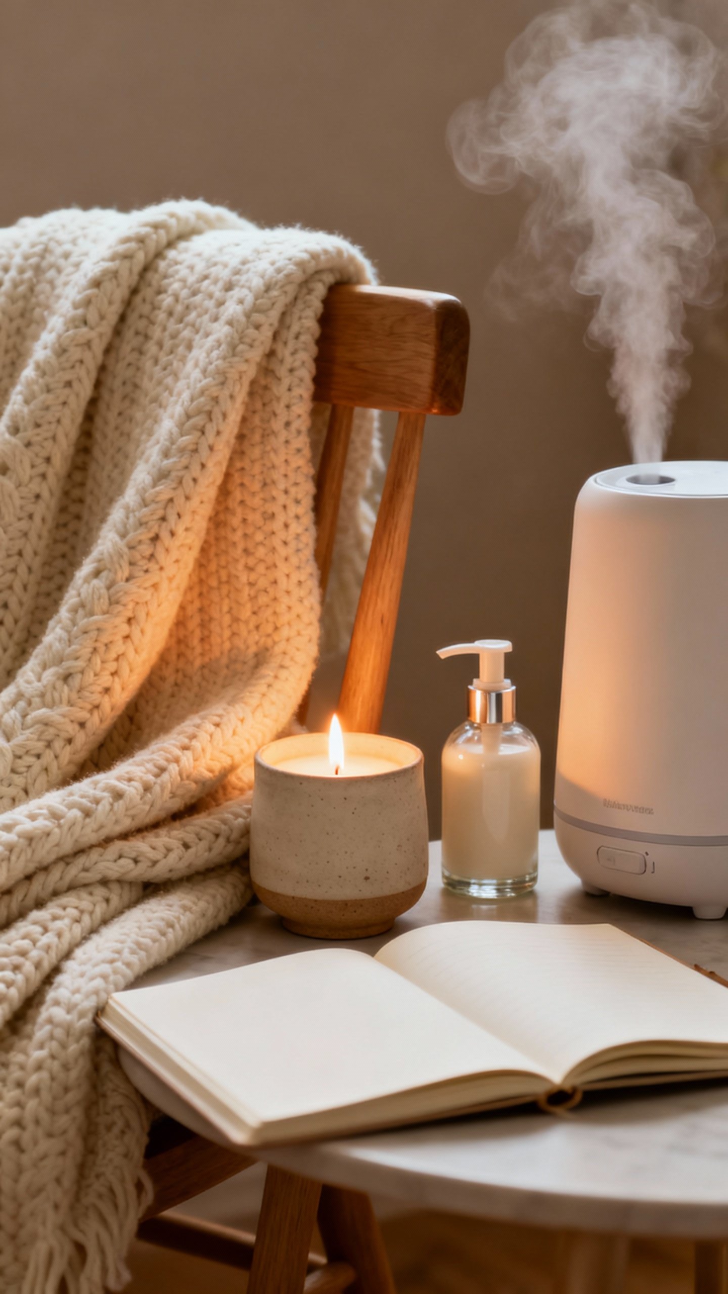 Cozy corner: blanket, lit candle, open journal, hand cream, humidifier steam
