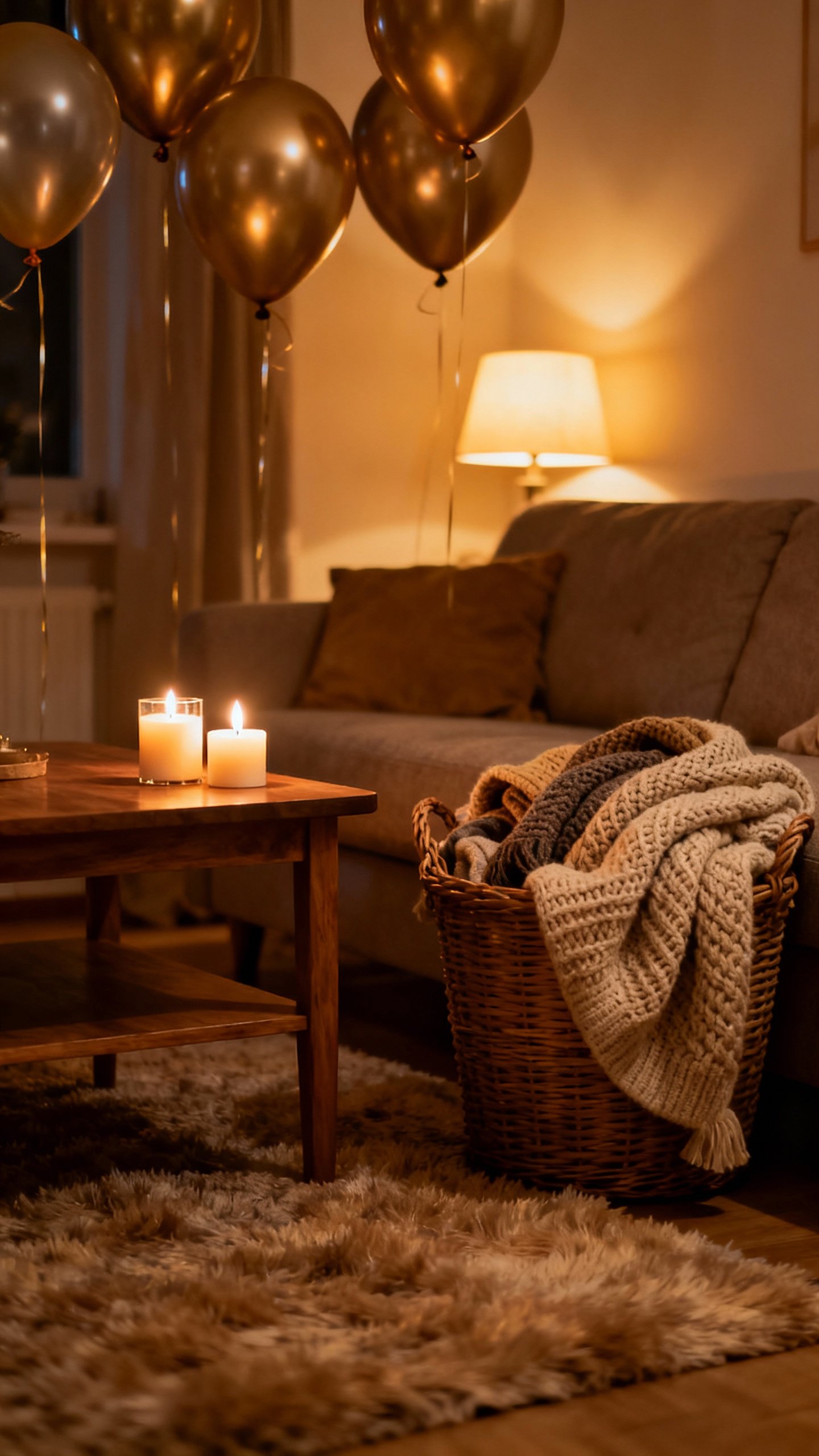 Cozy living room corner, metallic balloons, battery candles flicker, blanket basket with knits, dim