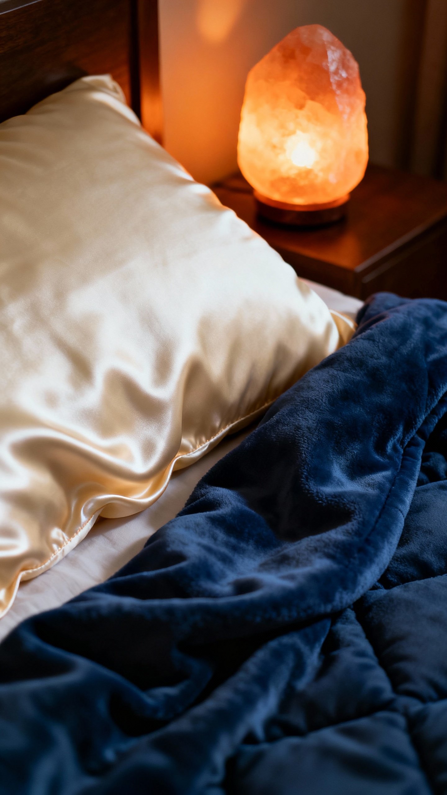 Cozy nightstand scene: salt lamp glow, silk pillowcase, weighted blanket folds
