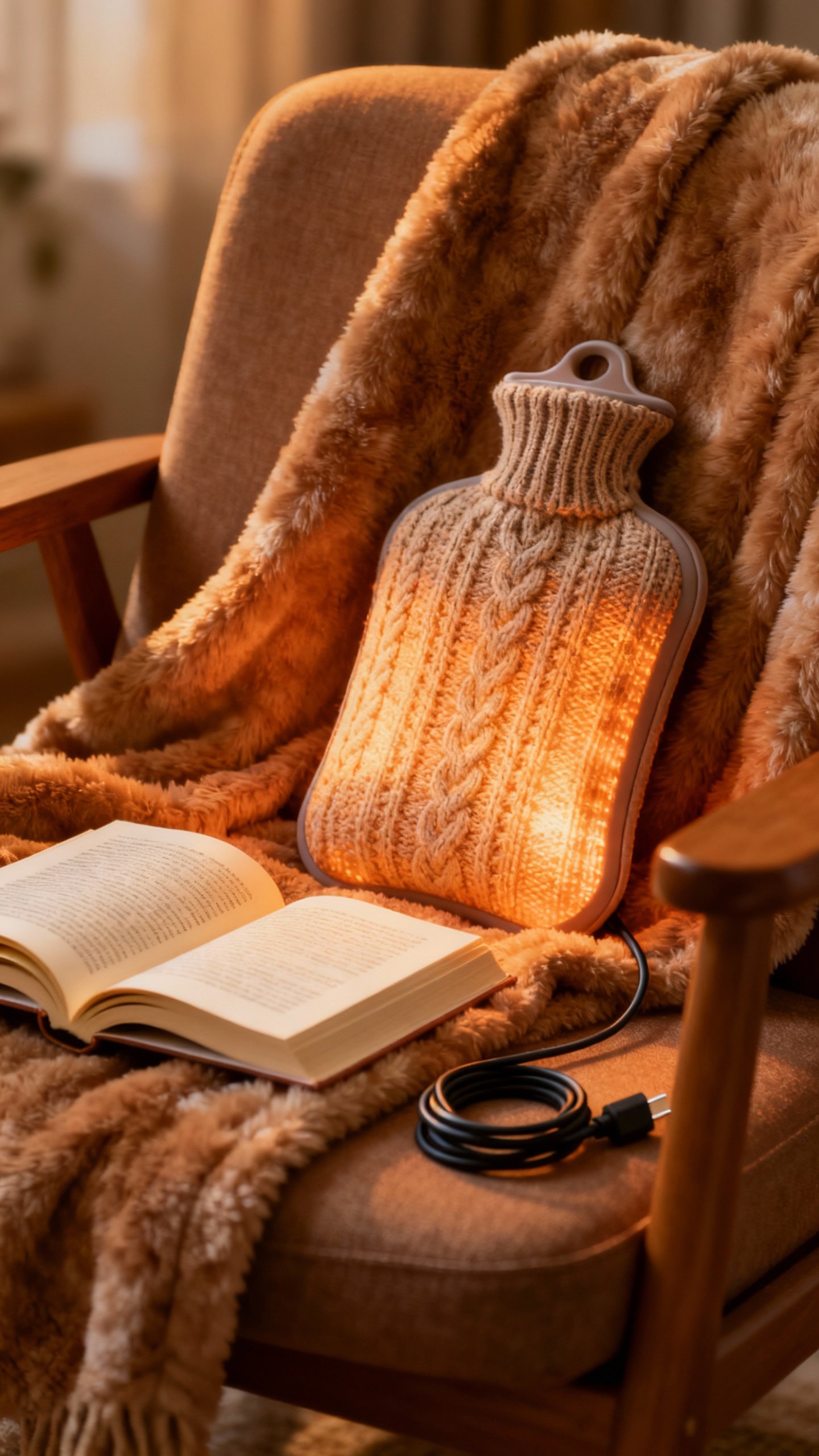 Cozy nook closeup: heated throw texture, hot water bottle, book, charging cable on chair