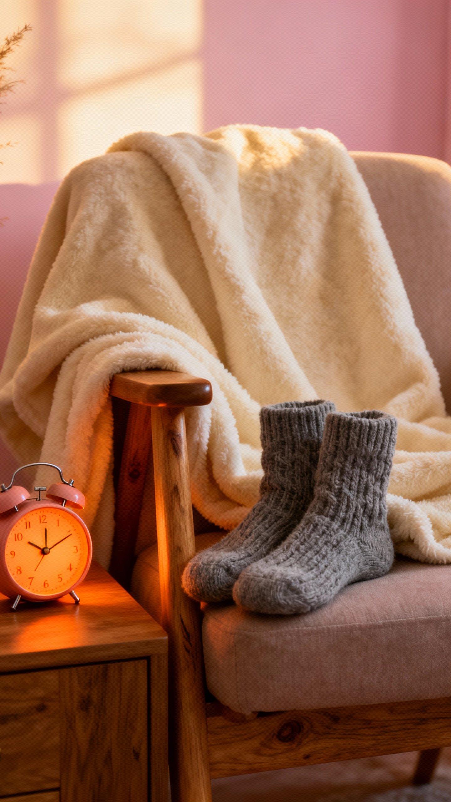Cozy reading corner: fleece throw, thick socks, sunrise alarm clock