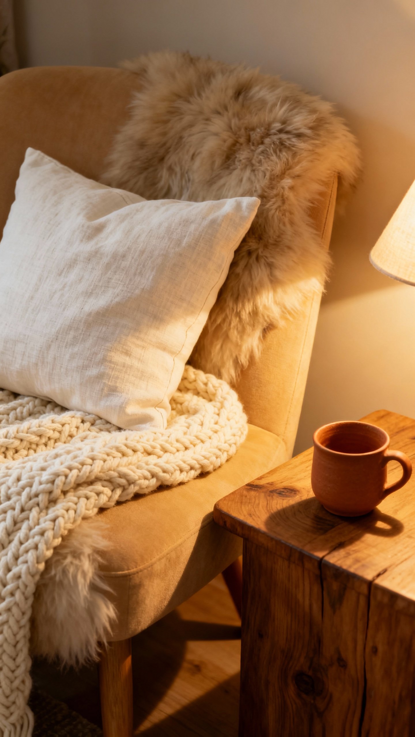 Cozy reading nook closeup: linen pillow, chunky knit throw, sheepskin-draped chair, small wood table