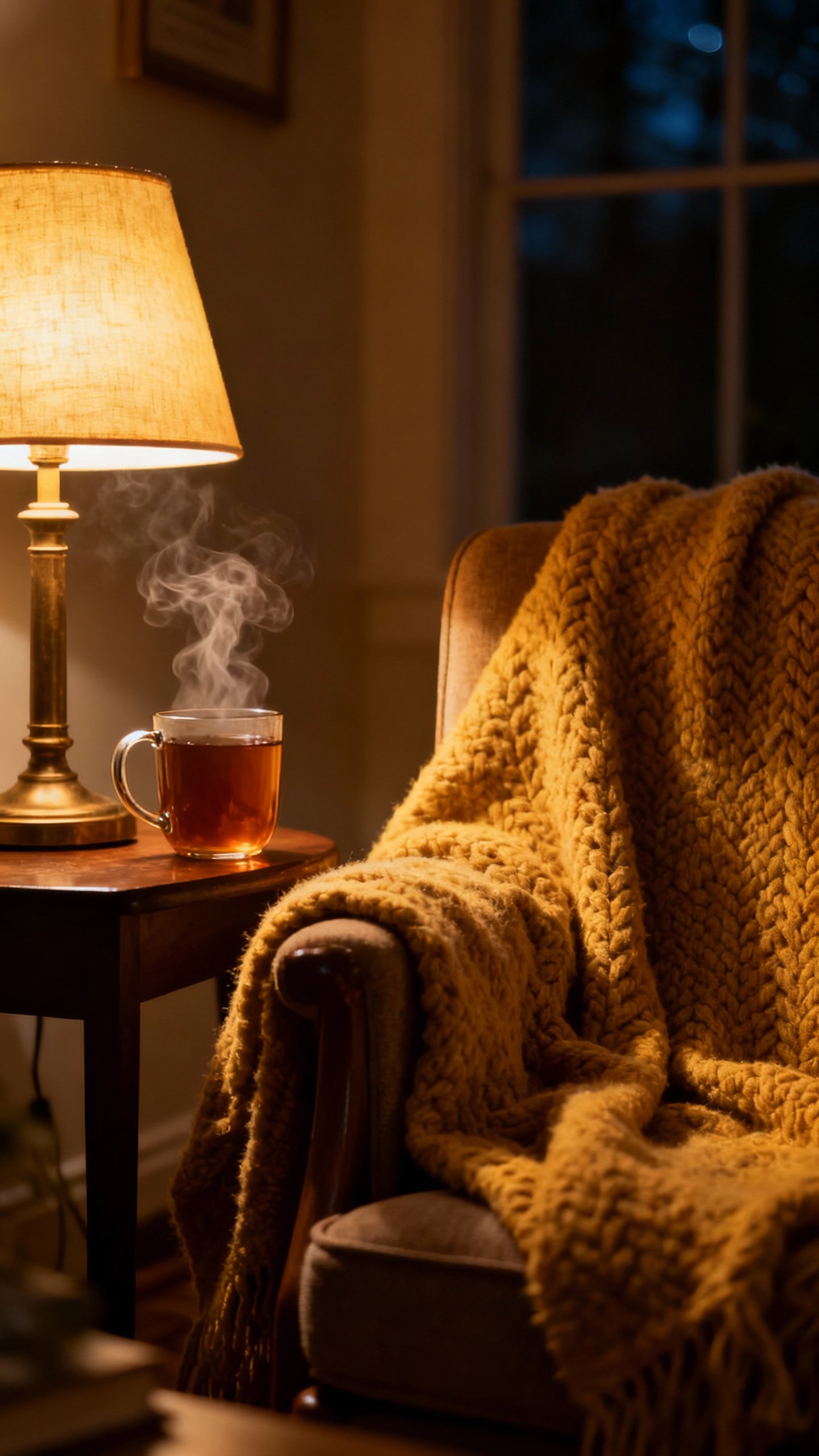 Cozy reading nook: wool blanket, warm lamp, steaming tea, night