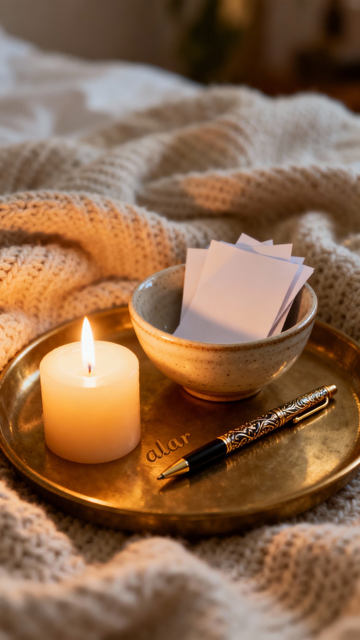 Cozy tray “altar” closeup: candle flame, ceramic bowl of folded intentions, pretty pen, soft kni