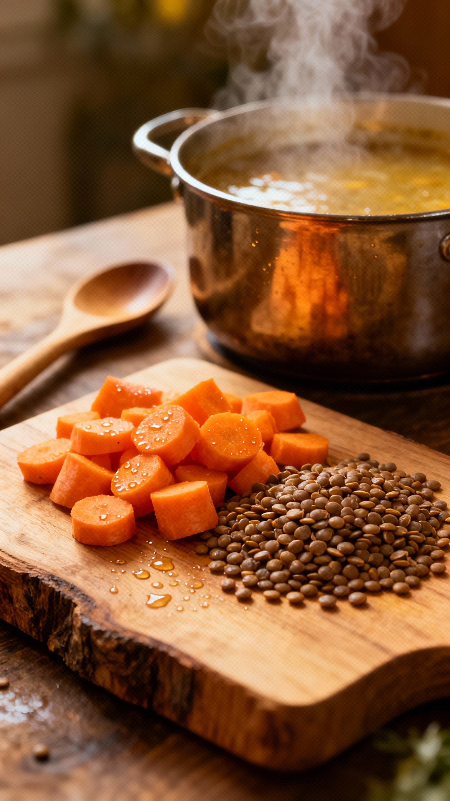Cutting board closeup: chopped carrots, lentils, simmering soup pot, wooden spoon