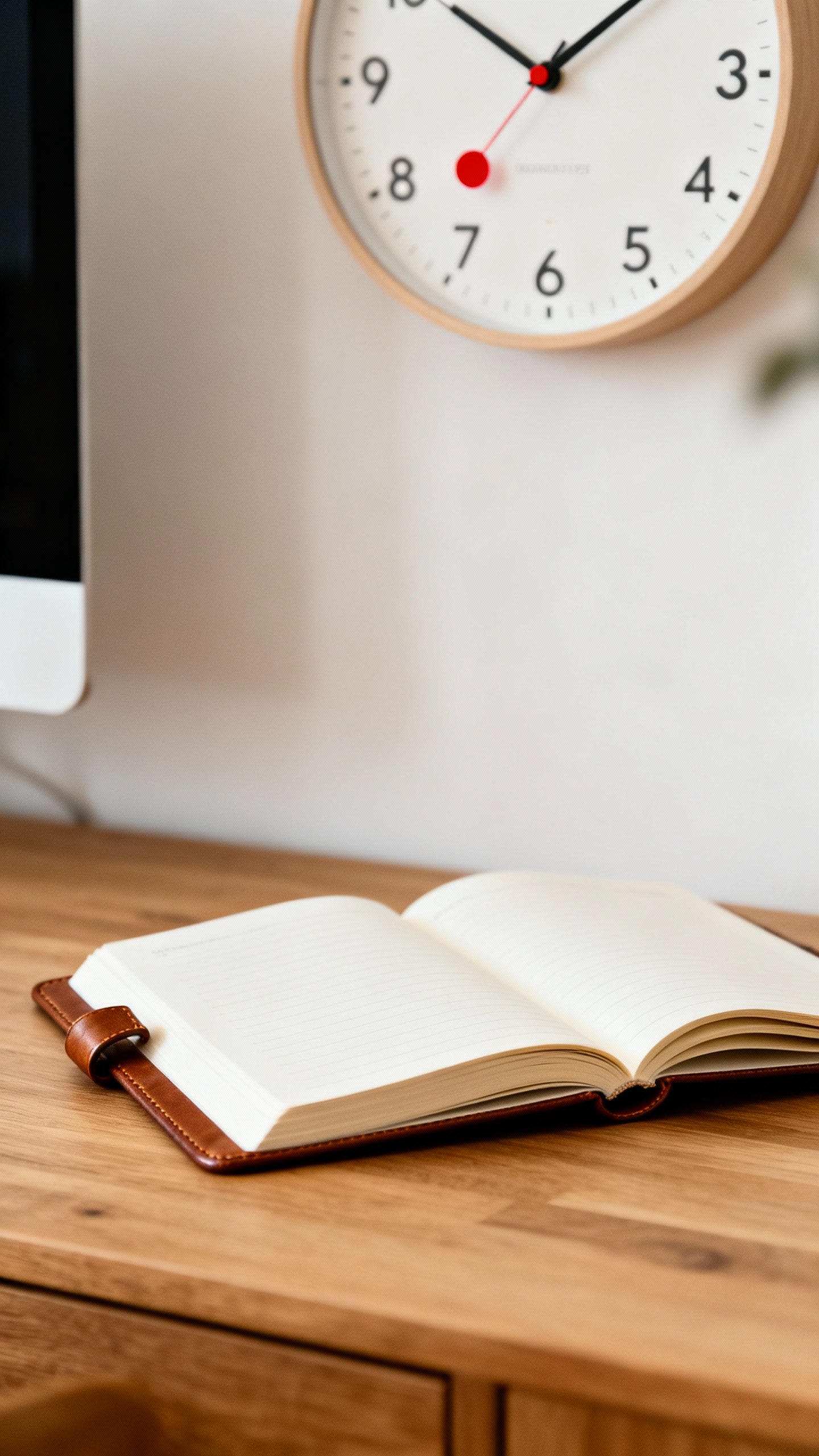 Desk detail shot: tidy workspace, open journal, ticking wall calendar