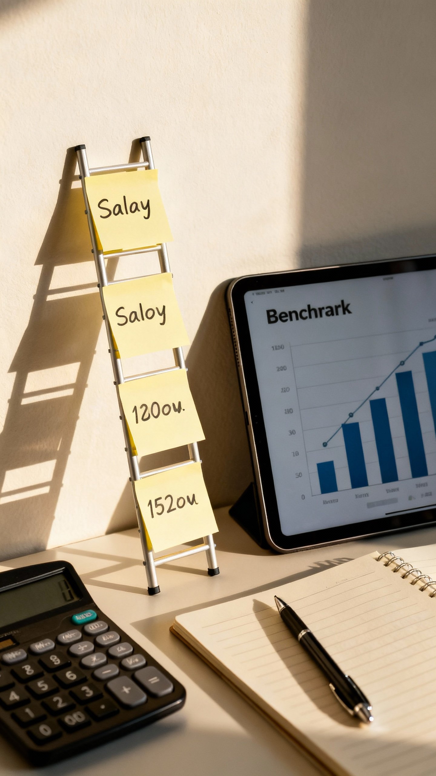Desk scene closeup: salary milestone ladder sticky notes, calculator, pen on notebook, benchmark gra