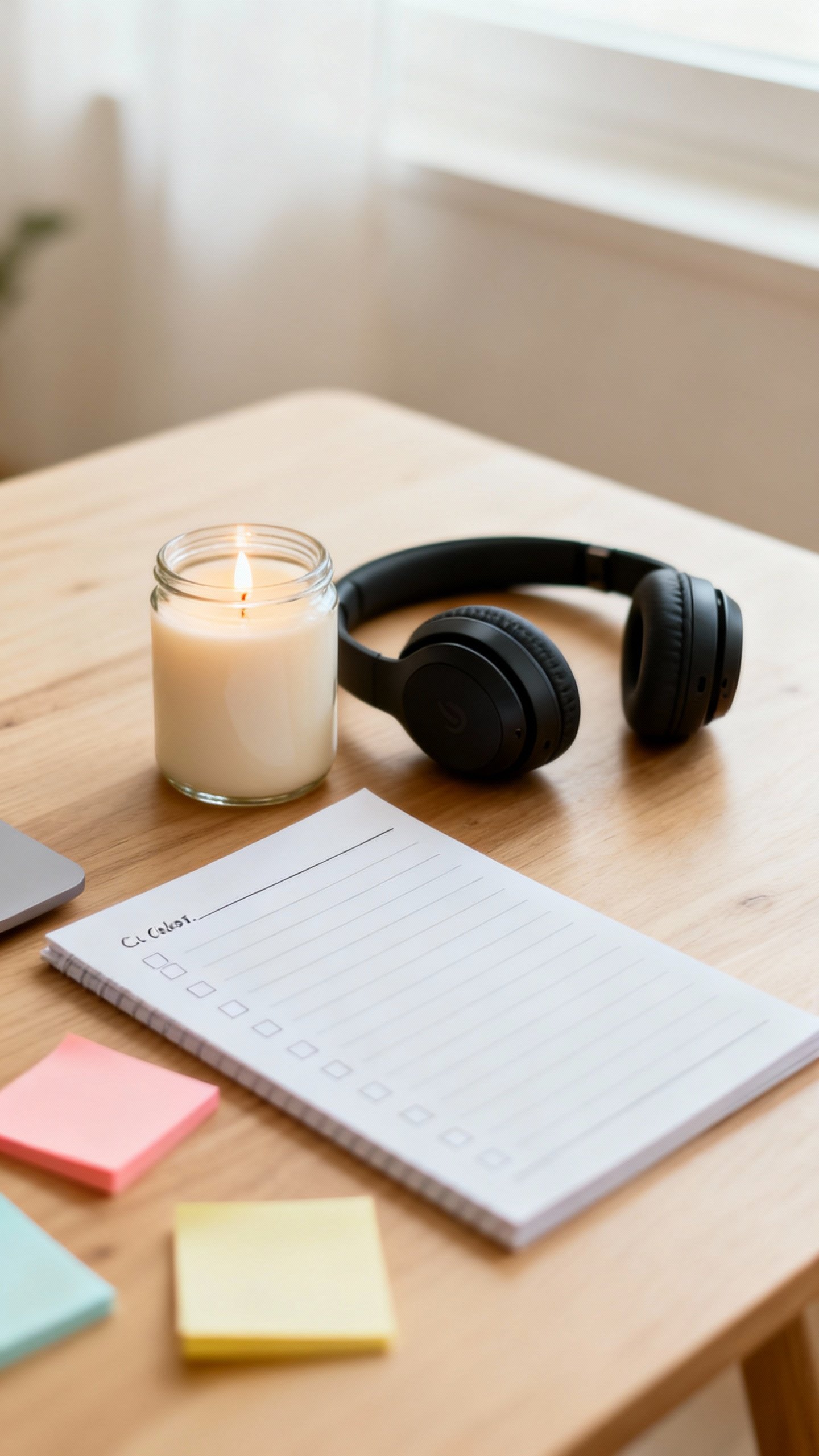 Desk scene with checklist, scented candle, headphones, sticky notes
