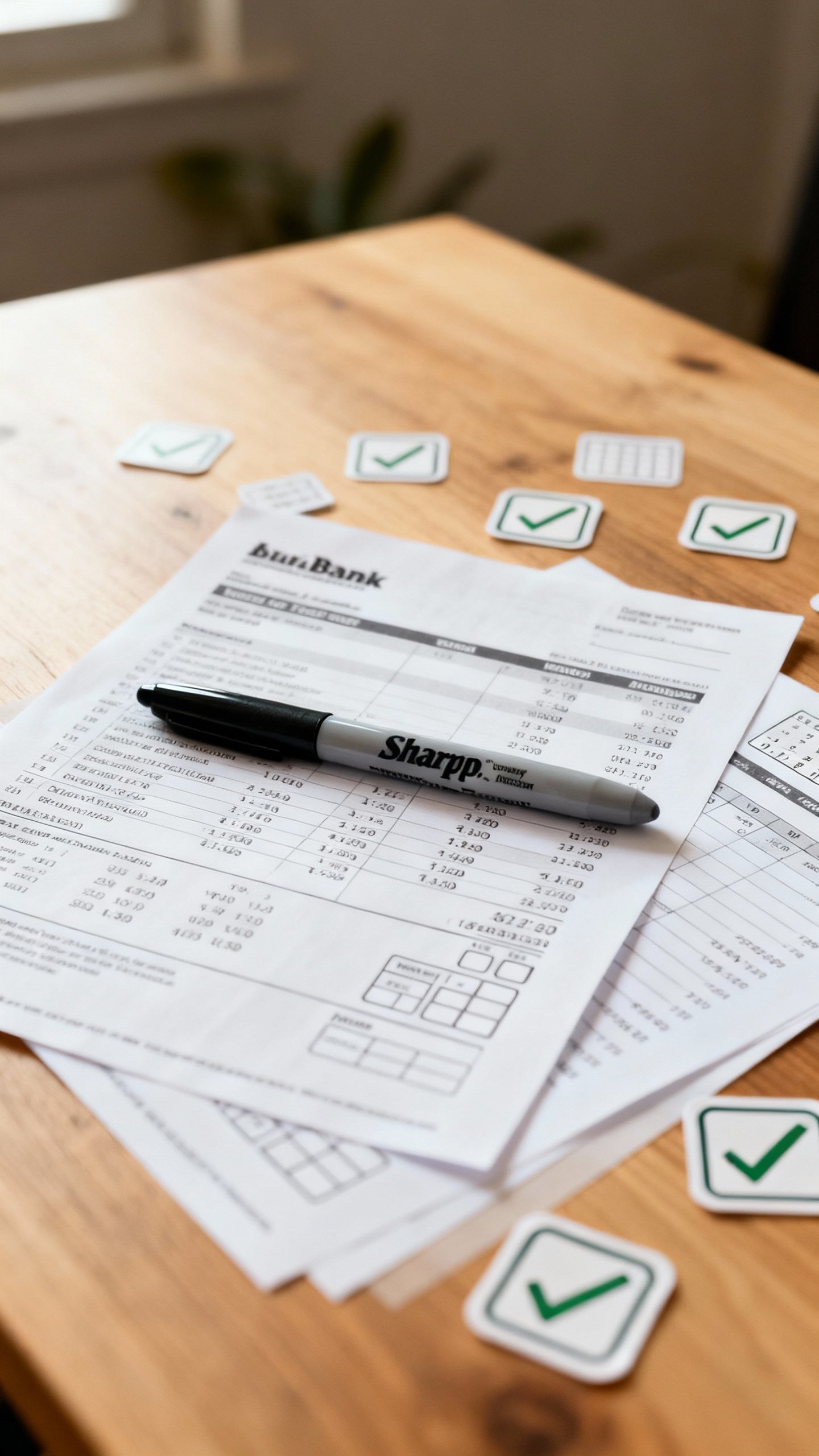 Desk scene with Sharpie, printed bank statements, budget habit tracker stickers