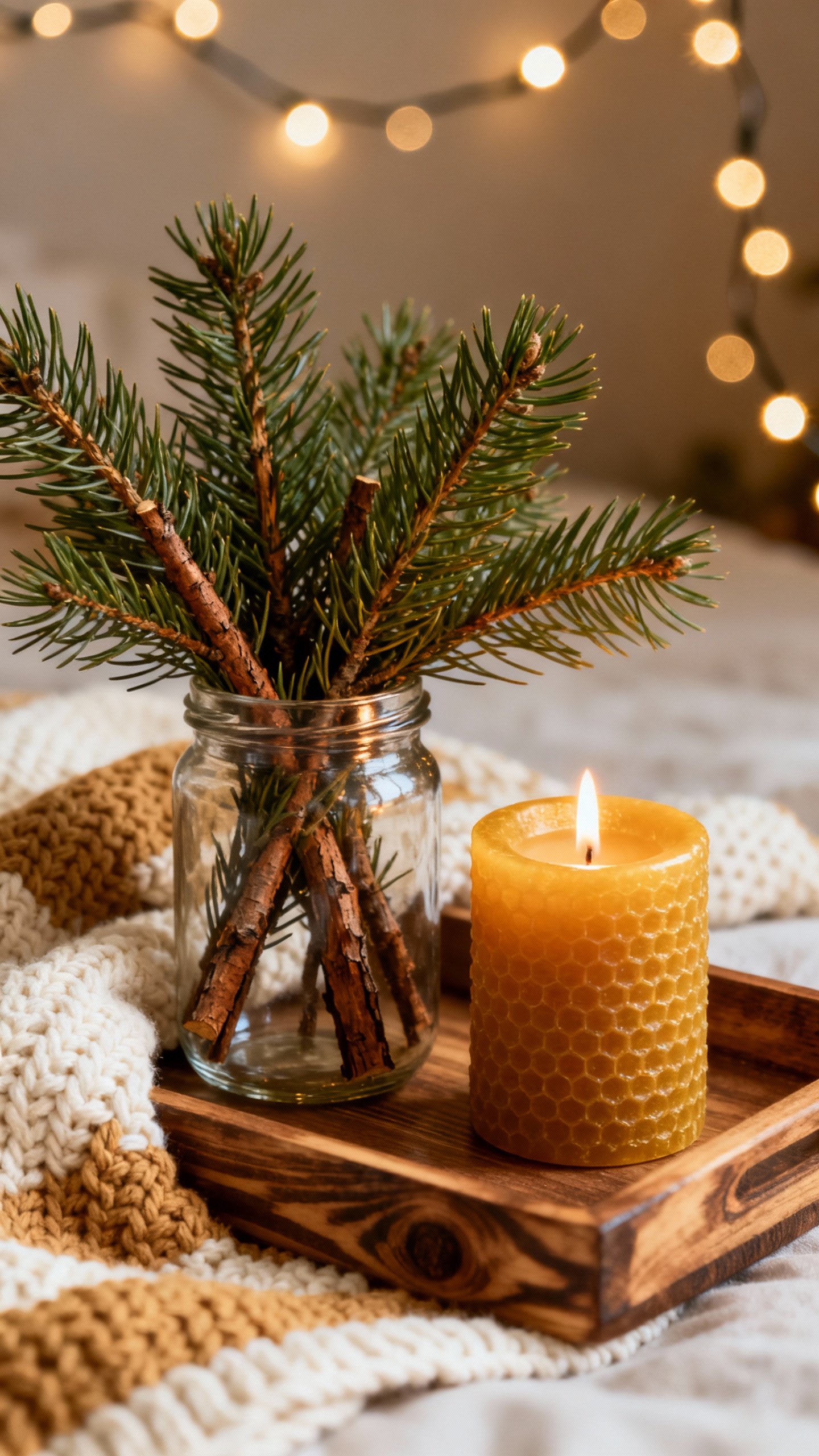 Detail shot pine branches in glass jar beside beeswax candle, string lights bokeh, textured knit bla