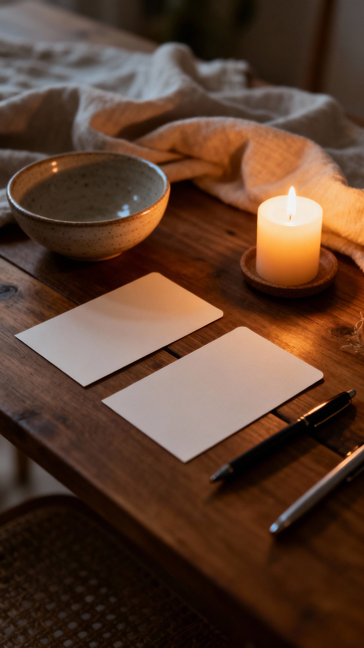 Dim candlelit table, blank cards, pens, ceramic bowl, soft linen textures
