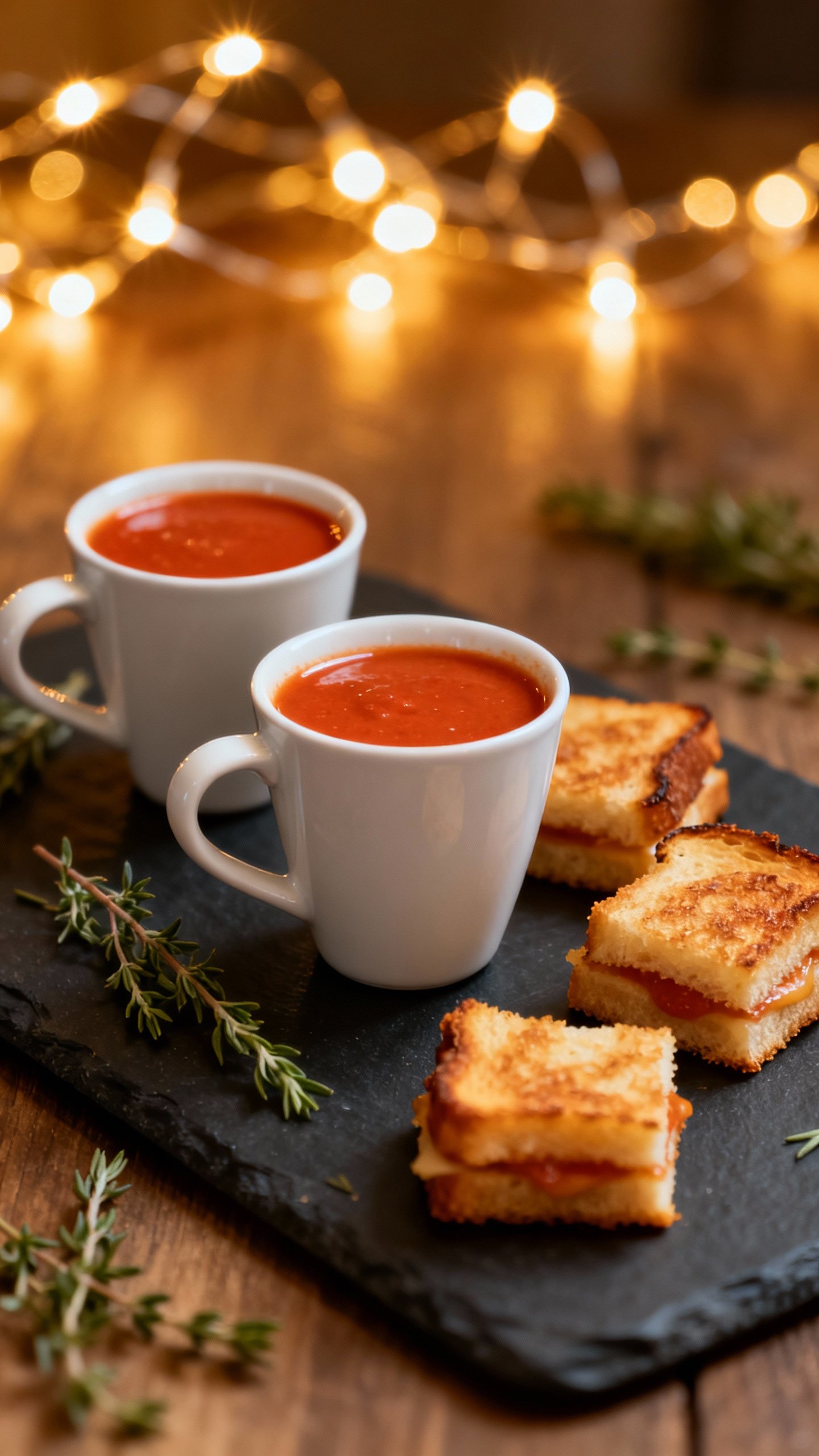 Espresso cups filled with tomato soup shooters, mini grilled cheese on slate tray, thyme sprigs, amb