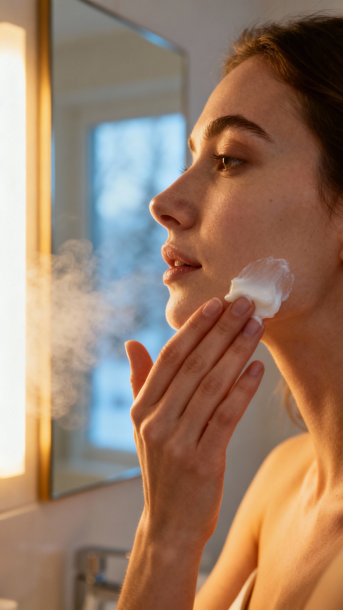 Female applying ceramide-rich moisturizer, winter-lit bathroom mirror