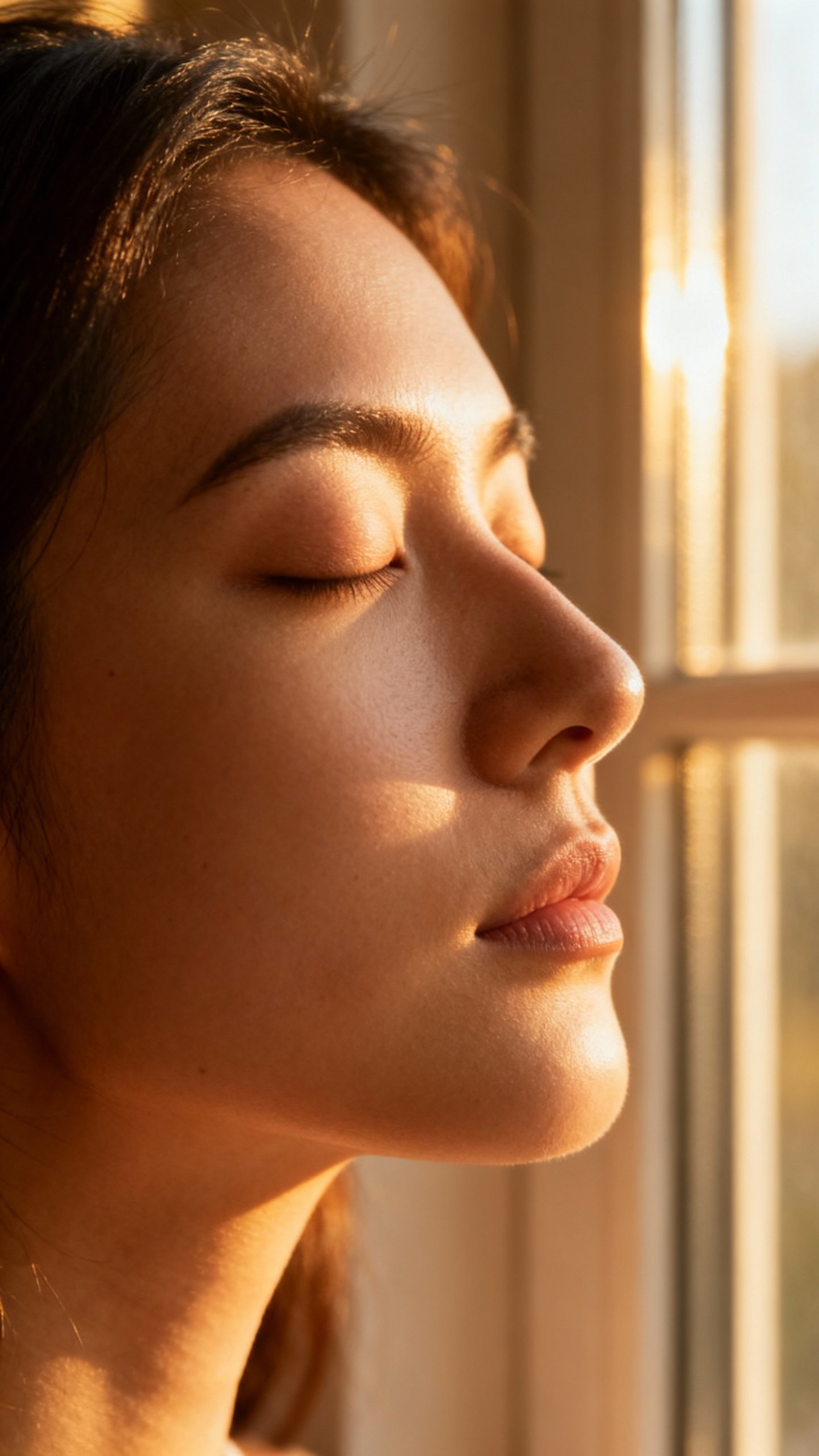 Female doing box breathing by sunlit window; closeup of calm face, closed eyes, warm golden light