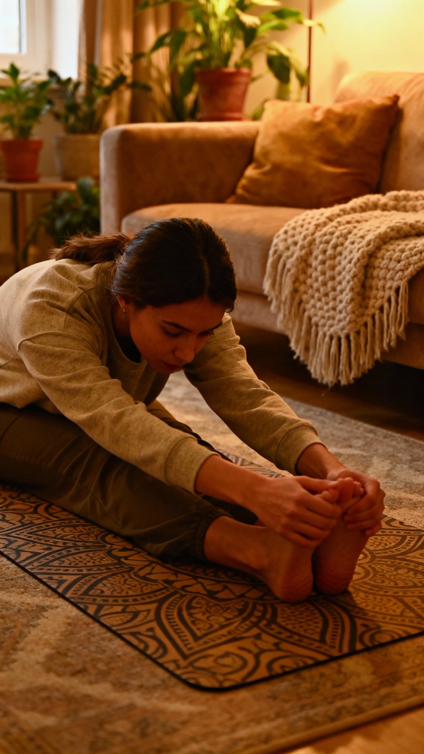 Female doing thread-the-needle on mat, cozy living room, warm light