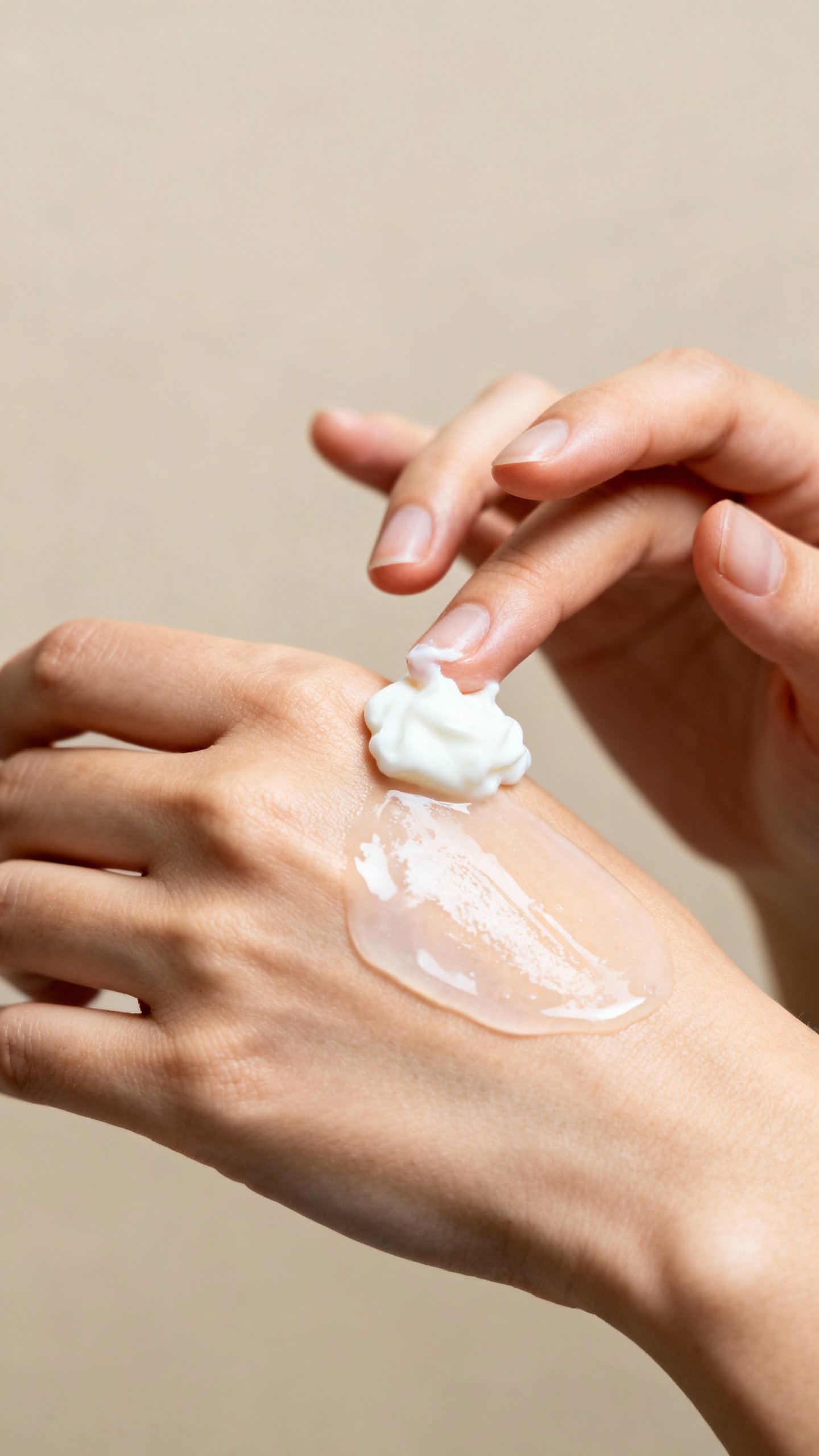 Female hands applying ceramide cream over hyaluronic serum