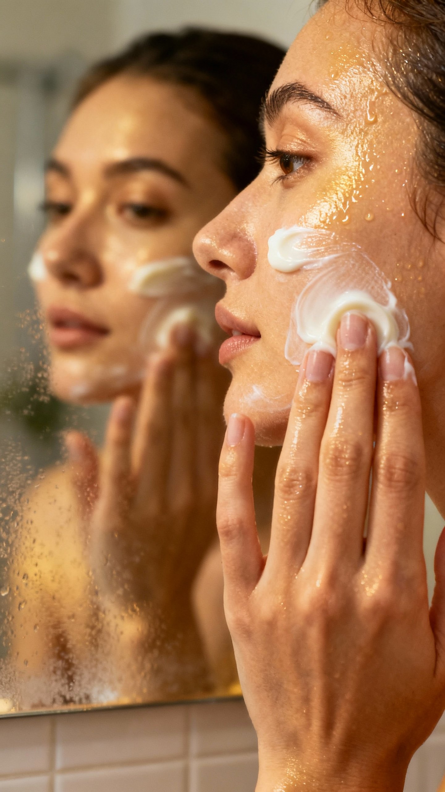 Female hands applying ceramide-rich cream on damp cheeks, bathroom mirror