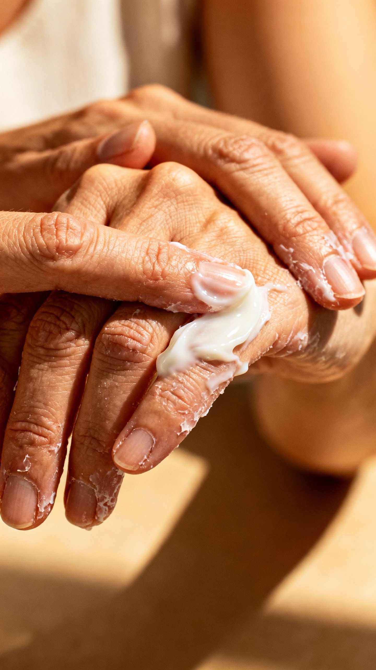 Female hands applying thick ceramide cream to chapped knuckles