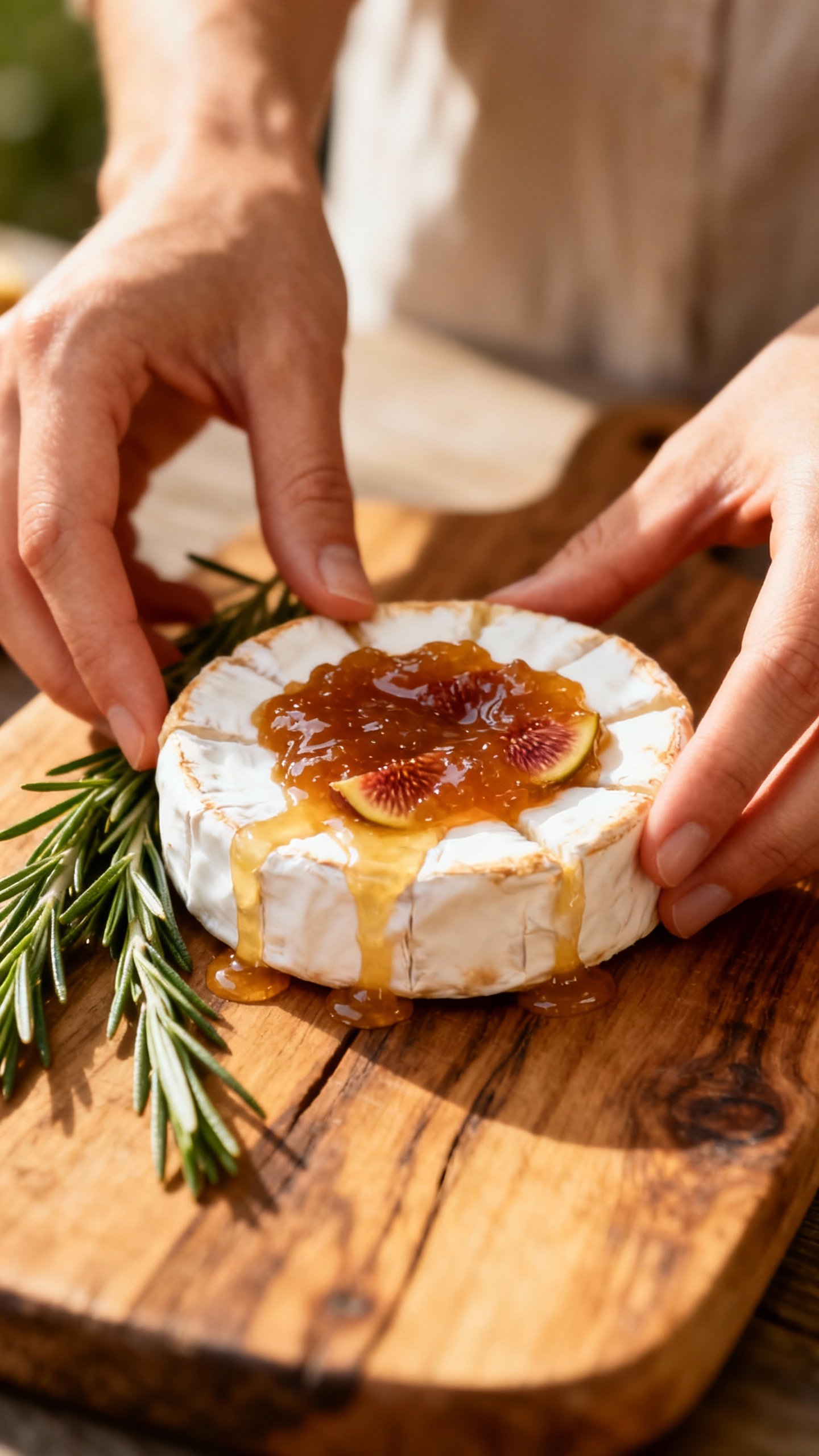 Female hands arranging baked brie with fig jam and rosemary on wooden board