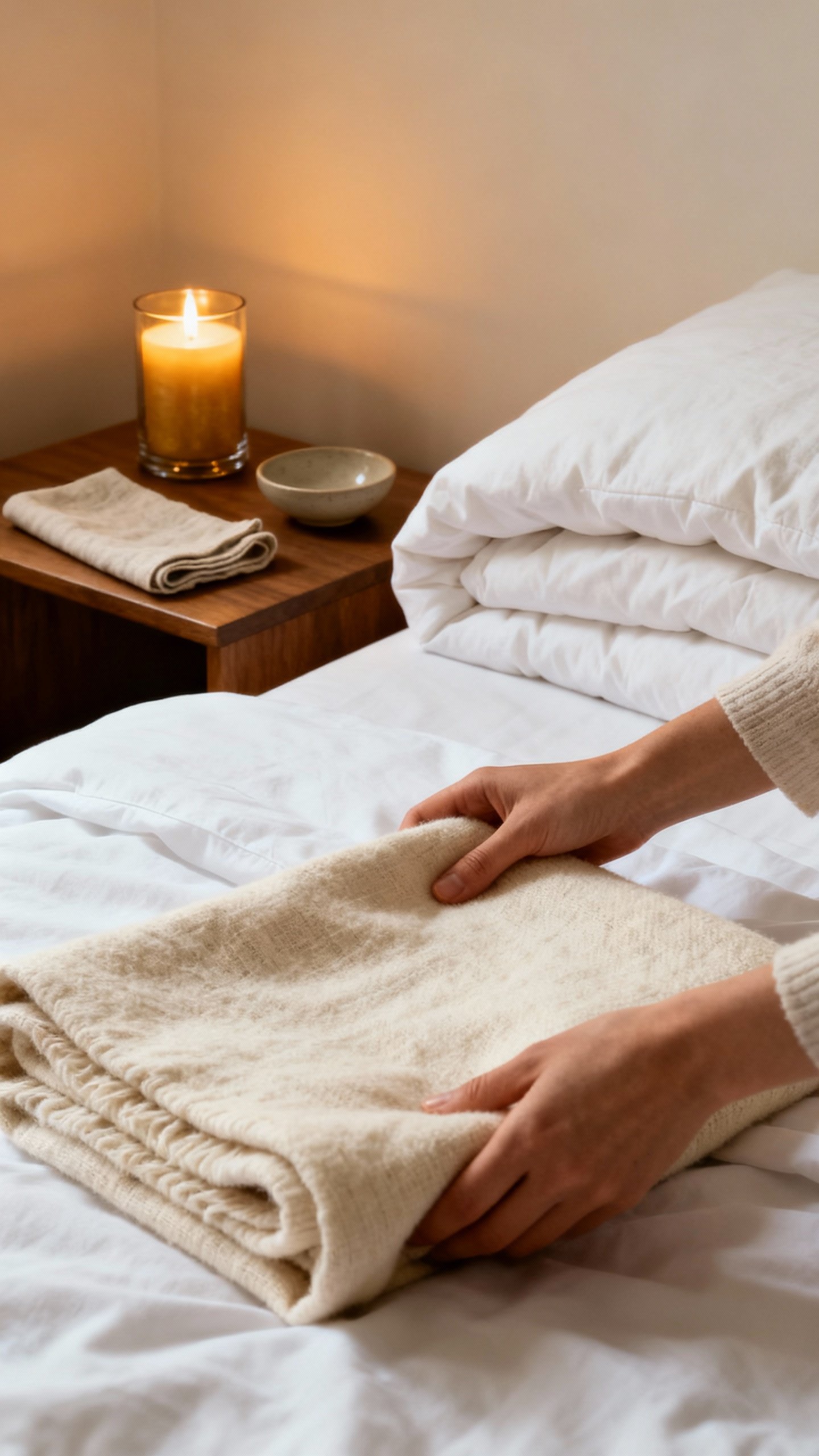 Female hands folding throw blanket on made bed, linen textures, tidy nightstand, candlelight
