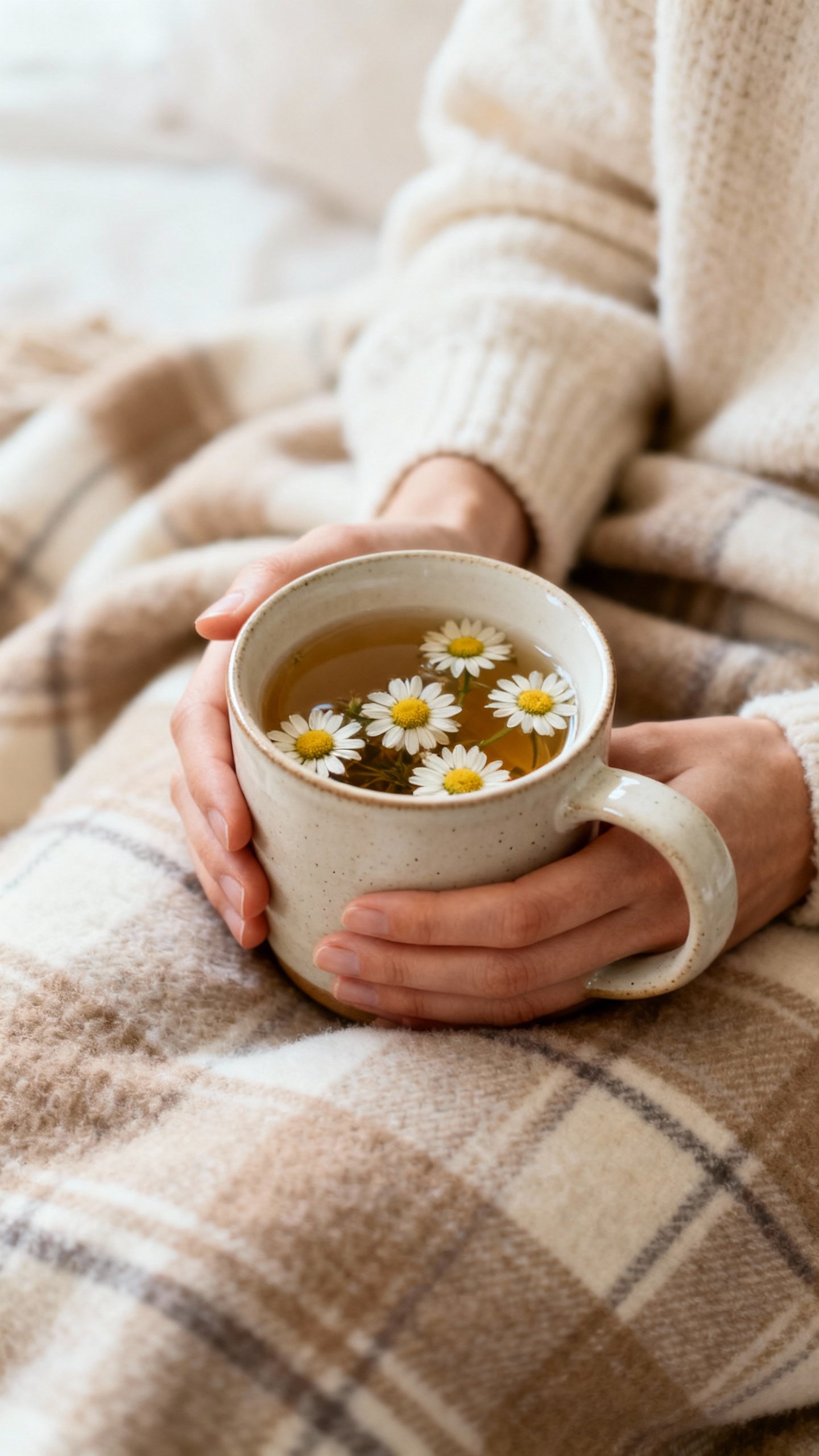 Female hands holding chamomile tea in ceramic mug, flannel blanket